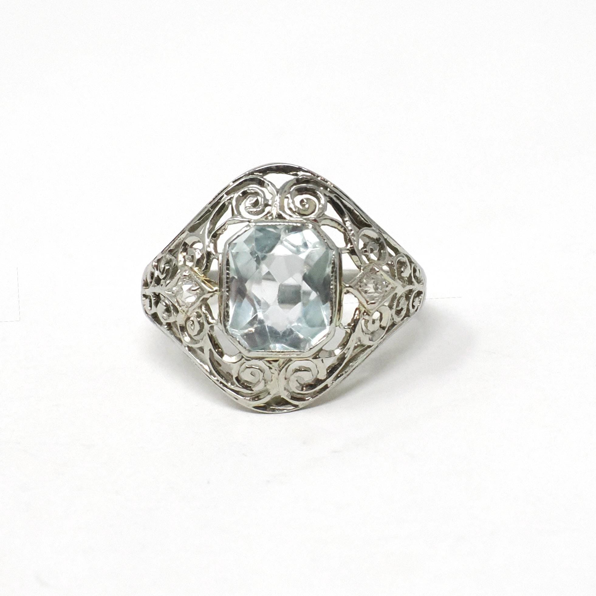 Art Deco Aquamarine Ring - Vintage 18k White Gold Handmade Natural Blue Gemstone - Circa 1930s Era Size 4 1/4 Filigree Diamond Fine Jewelry