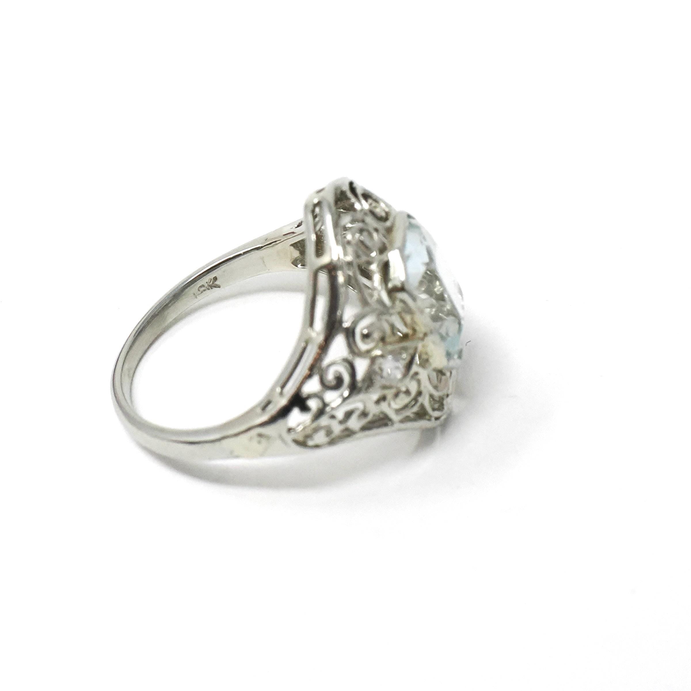Art Deco Aquamarine Ring - Vintage 18k White Gold Handmade Natural Blue Gemstone - Circa 1930s Era Size 4 1/4 Filigree Diamond Fine Jewelry