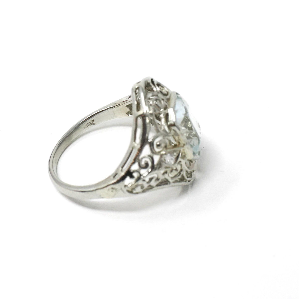 Art Deco Aquamarine Ring - Vintage 18k White Gold Handmade Natural Blue Gemstone - Circa 1930s Era Size 4 1/4 Filigree Diamond Fine Jewelry