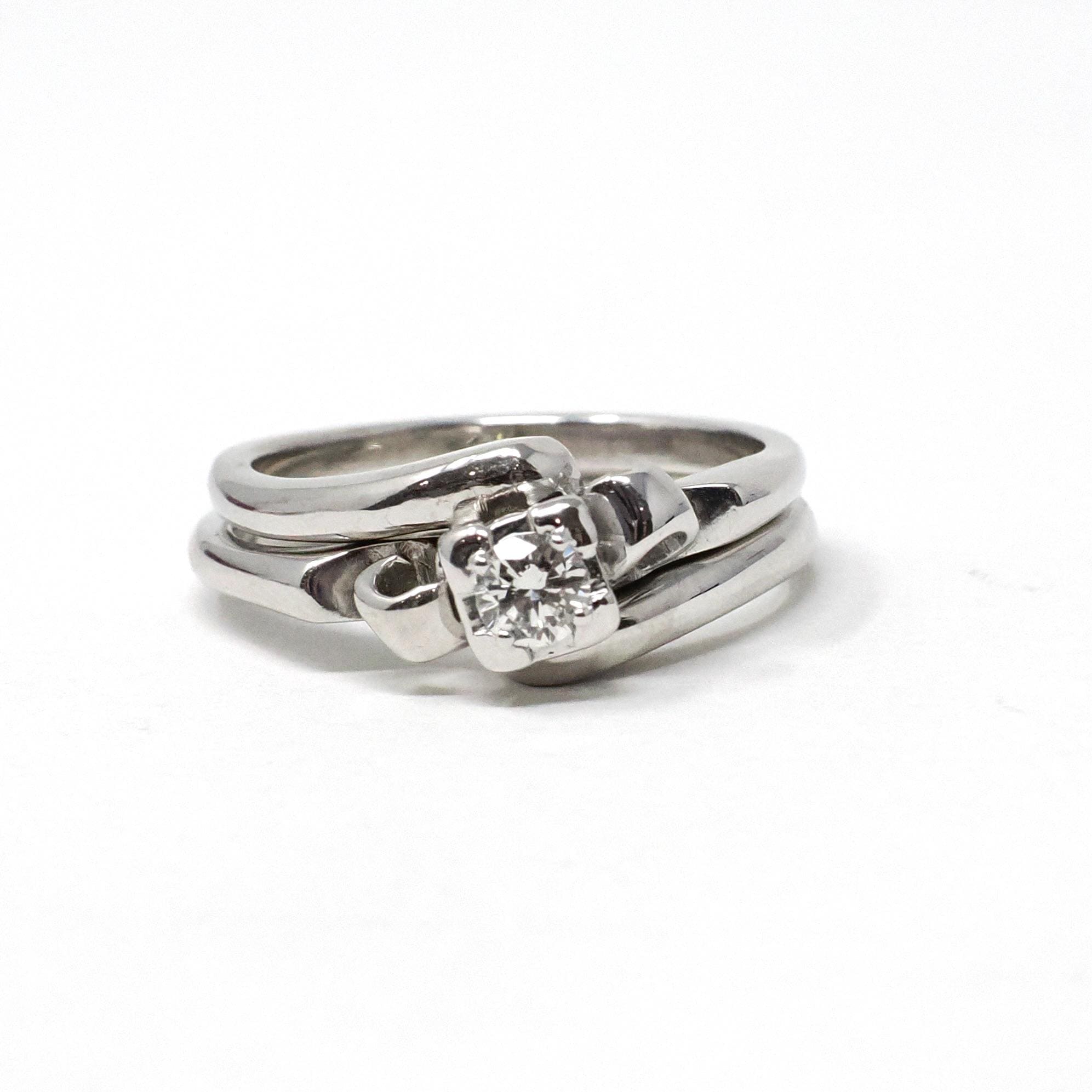 Vintage Wedding Ring Set - Mid Century 14k White Gold Illusion Diamond Engagement & Wedding Band - Circa 1950s Era Size 6 1/2 Fine Jewelry
