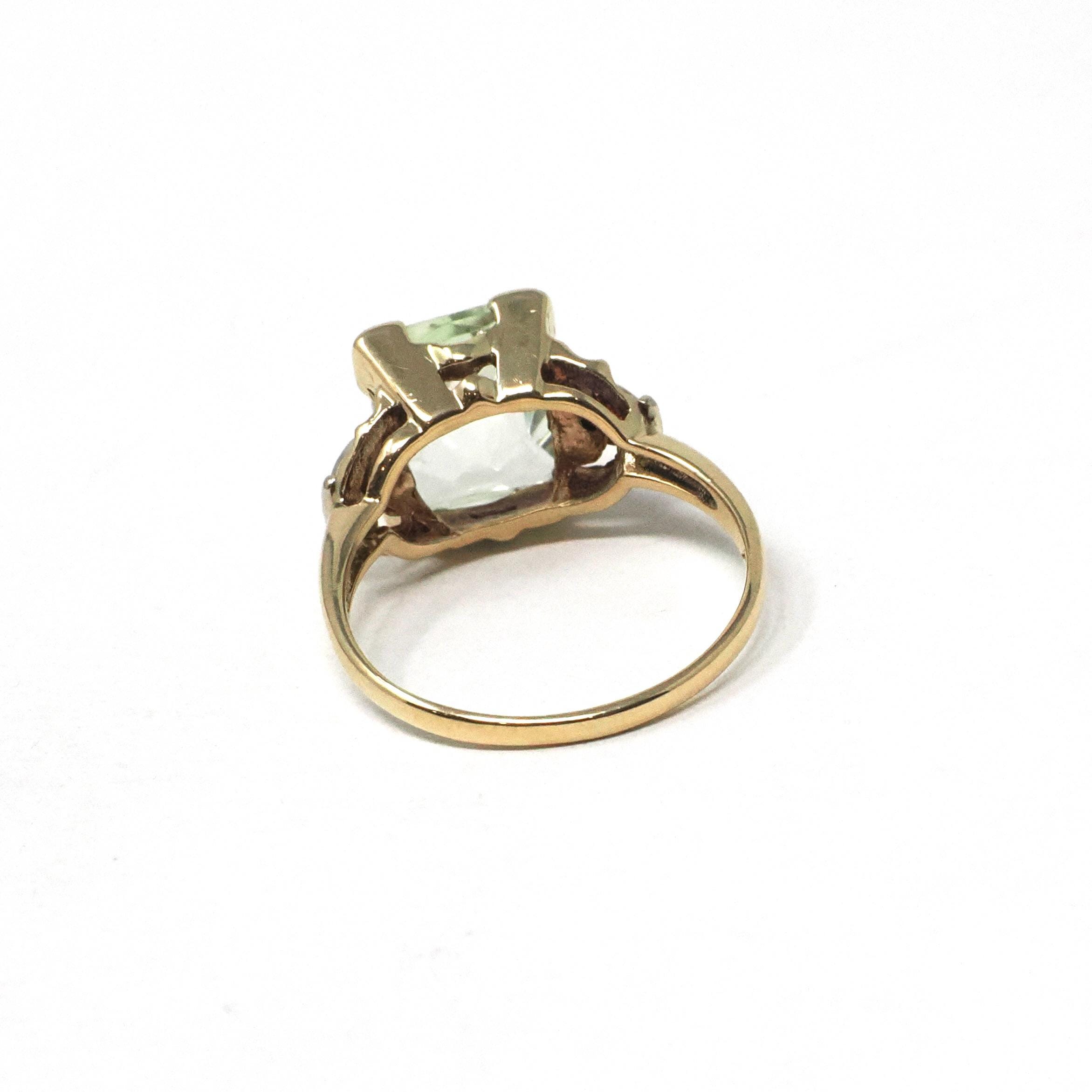 Uranium Glass Ring - Mid Century 10k Yellow White Gold Diamond Accents - Vintage Circa 1940s Size 6 Fluorescent Green Vaseline Fine Jewelry