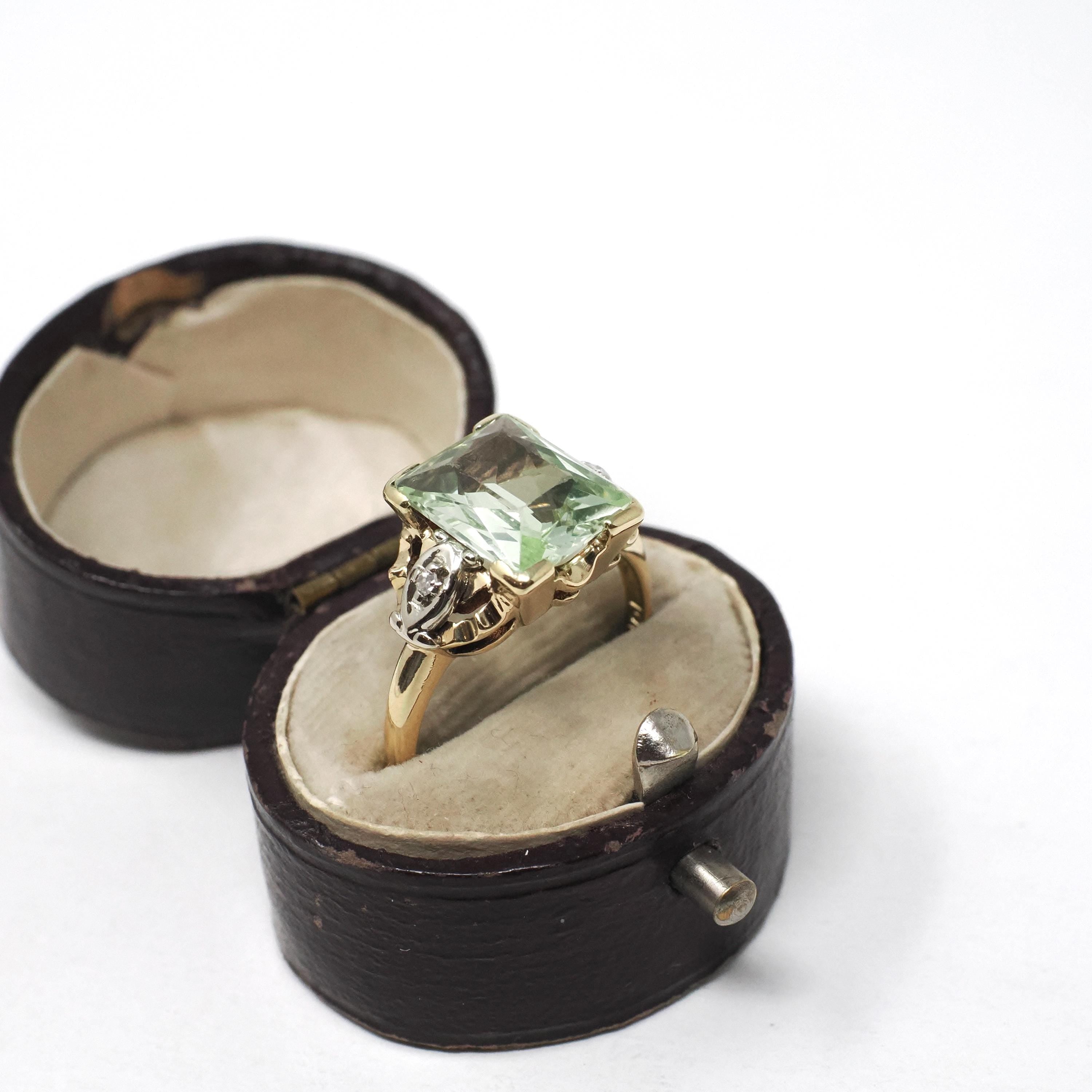 Uranium Glass Ring - Mid Century 10k Yellow White Gold Diamond Accents - Vintage Circa 1940s Size 6 Fluorescent Green Vaseline Fine Jewelry