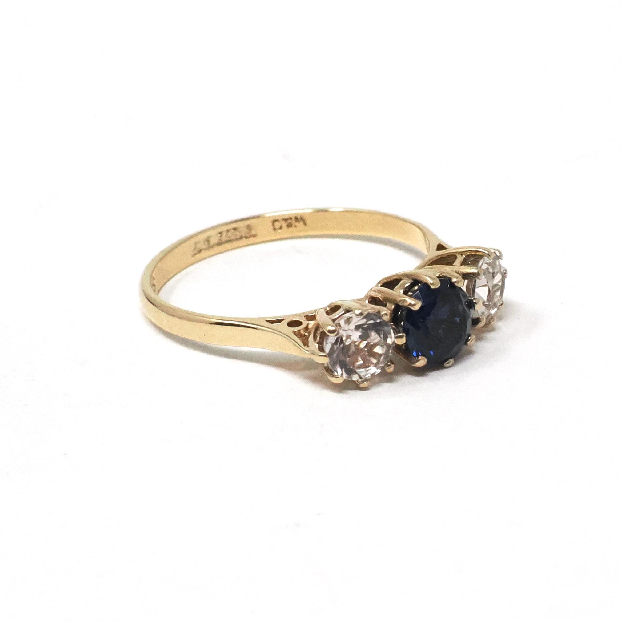 Vintage Three Stone Ring - Retro 9k Yellow Gold Created Blue Sapphire White Spinel Band - Hallmarked 1974 Size 6 3/4 Engagement Fine Jewelry