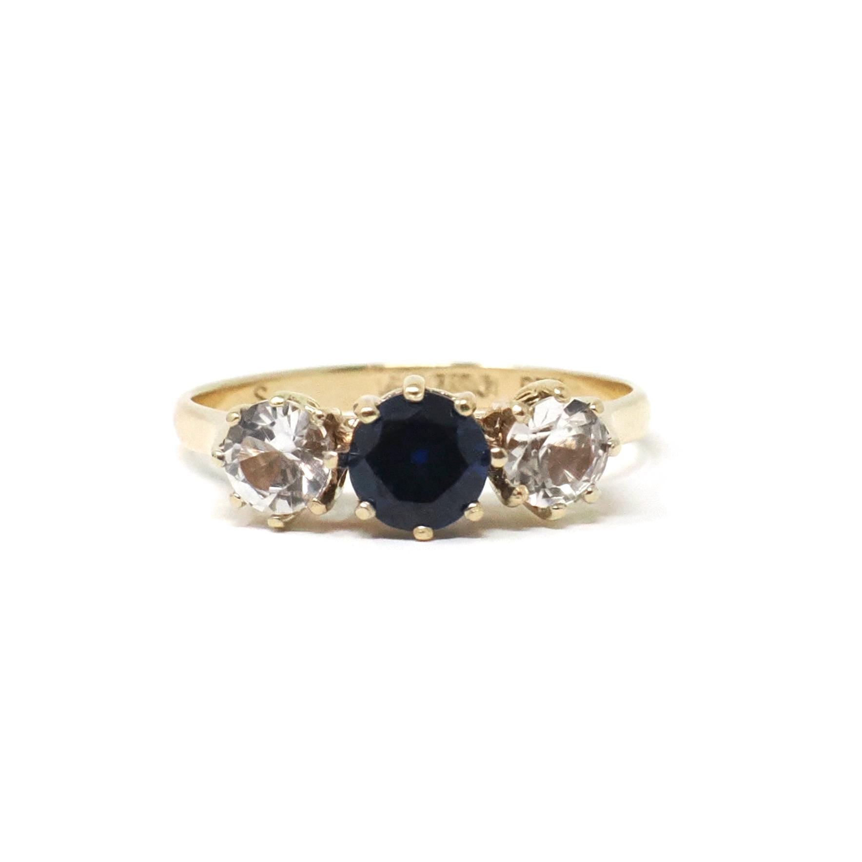 Vintage Three Stone Ring - Retro 9k Yellow Gold Created Blue Sapphire White Spinel Band - Hallmarked 1974 Size 6 3/4 Engagement Fine Jewelry