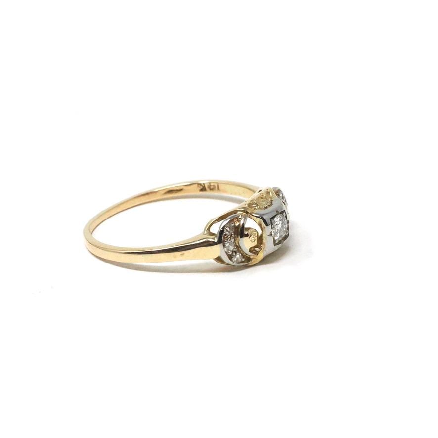 Vintage Diamond Ring - Mid Century 14k Yellow & White Gold Two Tone Natural .13 CTW Engagement - Circa 1960s Size 7.5 Crescent Moon Jewelry