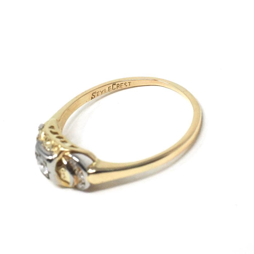 Vintage Diamond Ring - Mid Century 14k Yellow & White Gold Two Tone Natural .13 CTW Engagement - Circa 1960s Size 7.5 Crescent Moon Jewelry