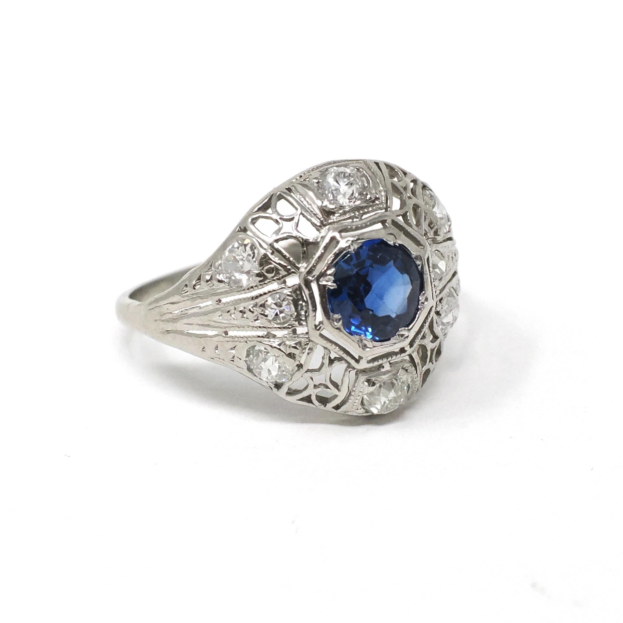 Antique Art Deco Ring - Vintage Platinum Filigree Natural Diamonds & Created Blue Sapphire Dome Engagement - Circa 1920s Size 7 Fine Jewelry