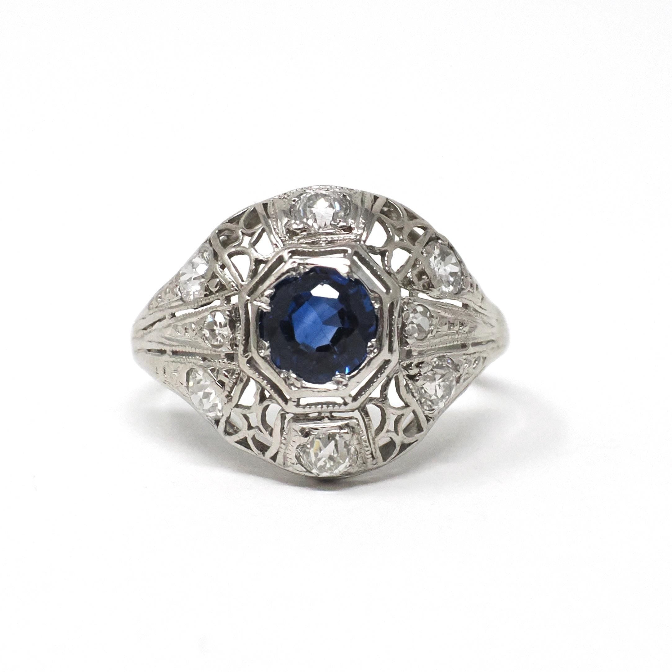 Antique Art Deco Ring - Vintage Platinum Filigree Natural Diamonds & Created Blue Sapphire Dome Engagement - Circa 1920s Size 7 Fine Jewelry