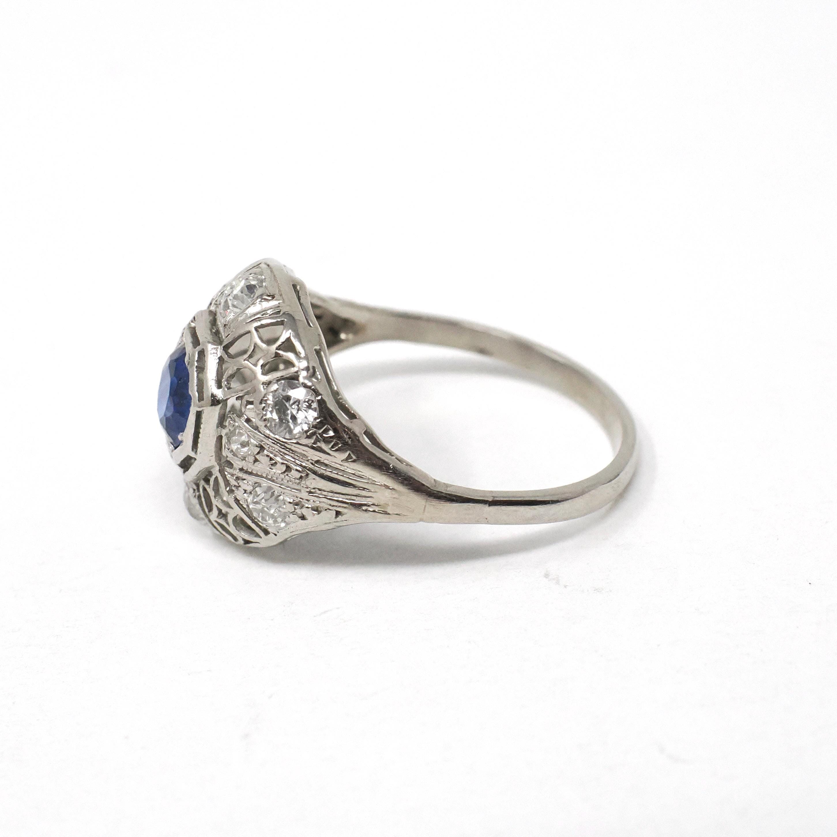 Antique Art Deco Ring - Vintage Platinum Filigree Natural Diamonds & Created Blue Sapphire Dome Engagement - Circa 1920s Size 7 Fine Jewelry