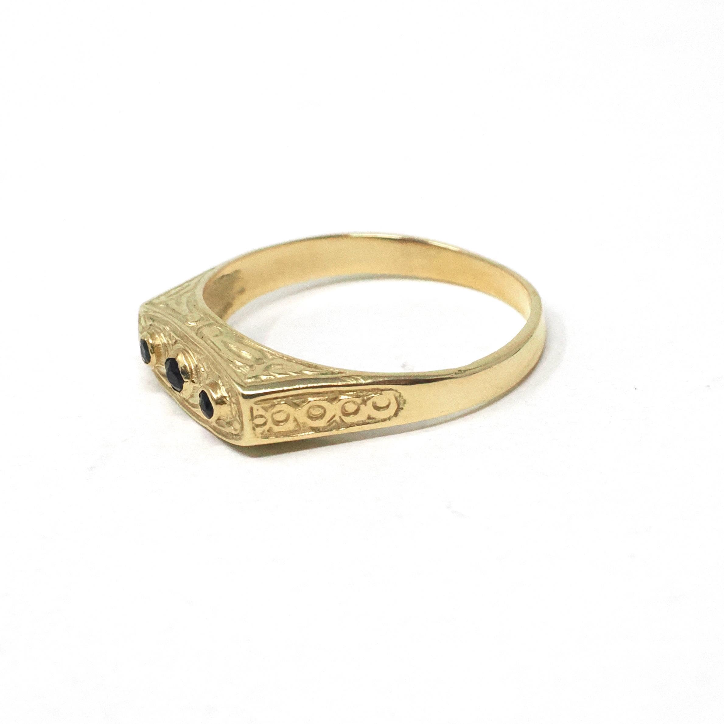 Vintage Style Sapphire Ring - Modern 14k Yellow Gold Three Blue Gemstone Band - Estate Size 6 1/2 Dainty Petite Unisex Wedding Fine Jewelry