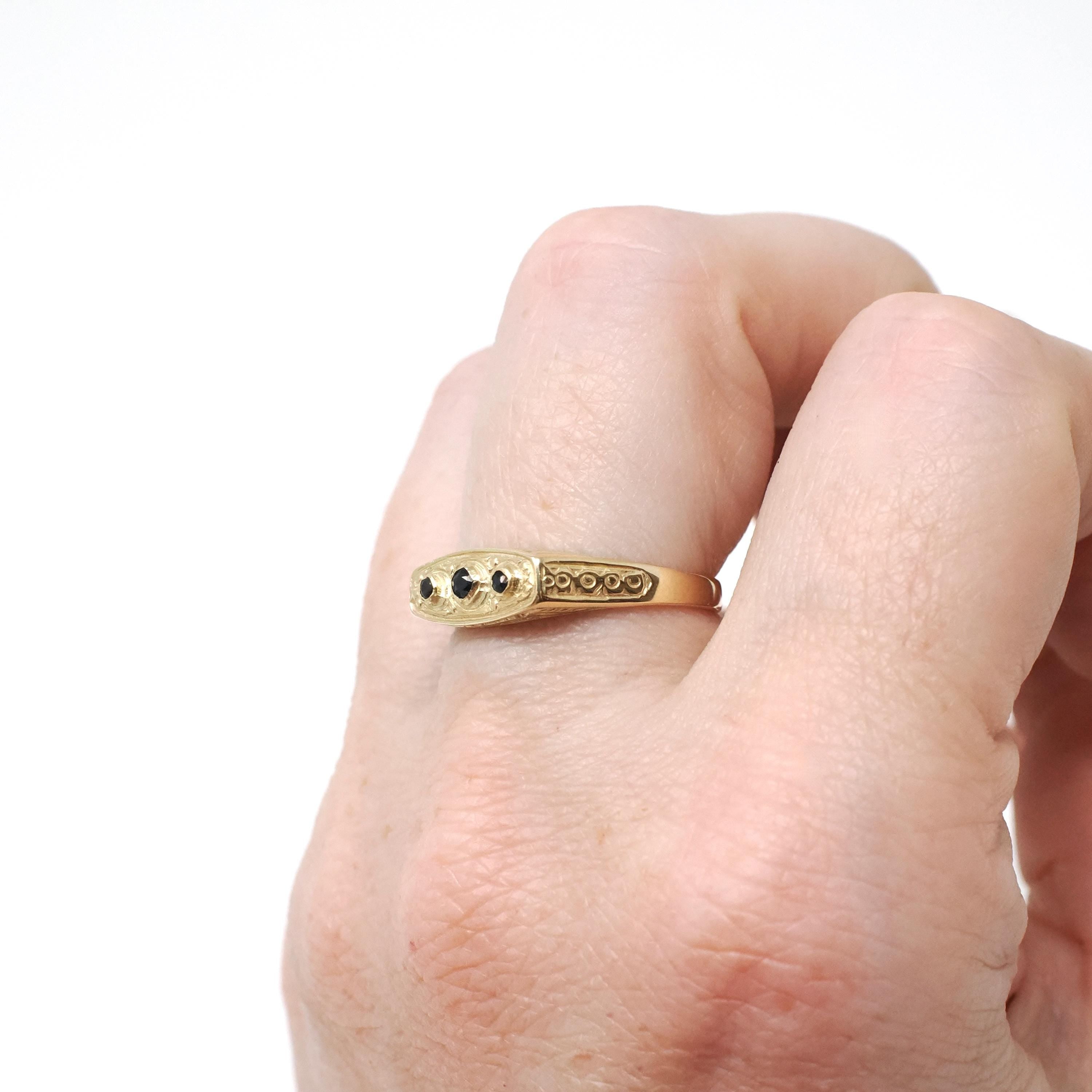 Vintage Style Sapphire Ring - Modern 14k Yellow Gold Three Blue Gemstone Band - Estate Size 6 1/2 Dainty Petite Unisex Wedding Fine Jewelry