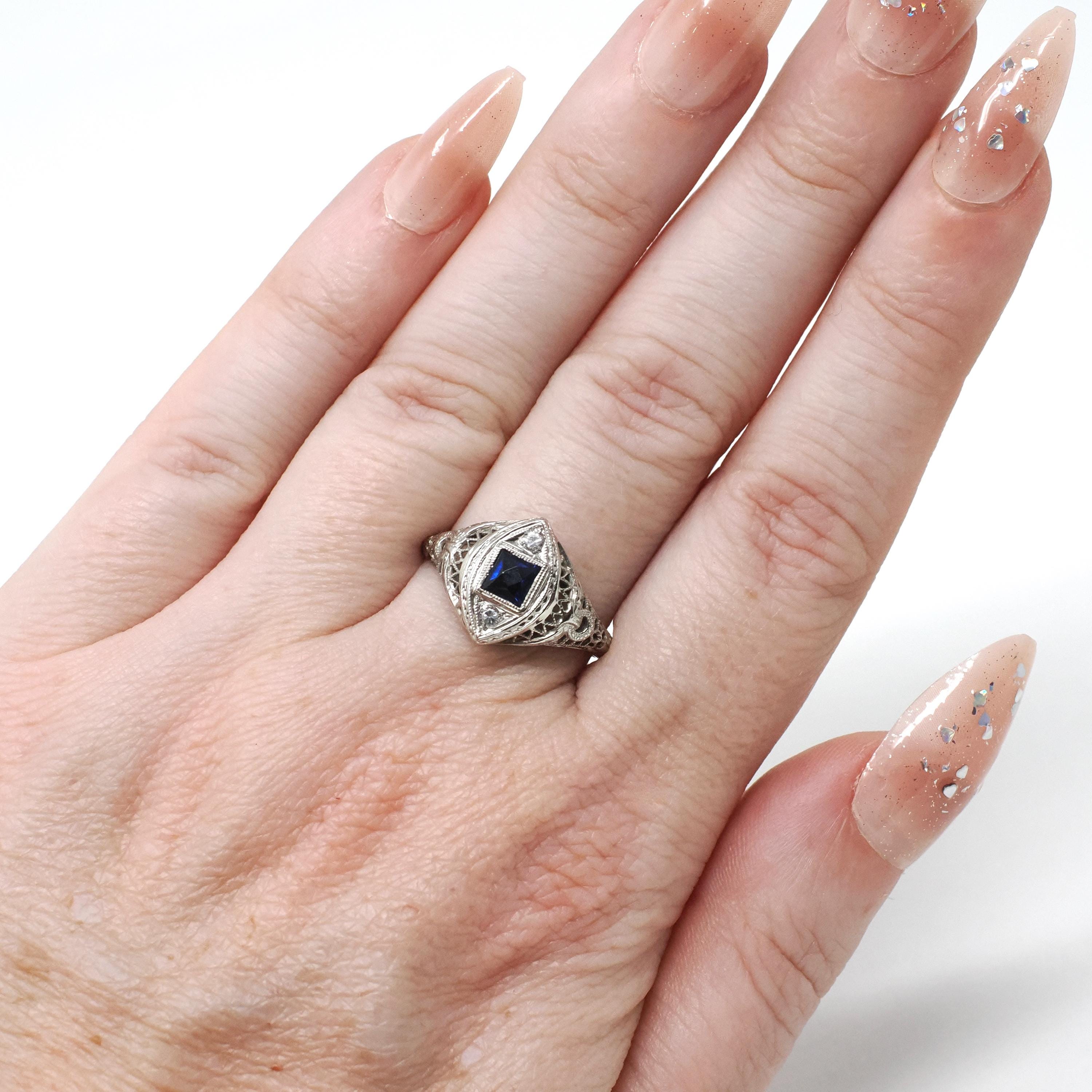 Art Deco Ring - Vintage 18k White Gold Created Sapphire & Simulated Diamonds - Circa 1920s Size 7 Filigree Fine Dainty Navette Jewelry