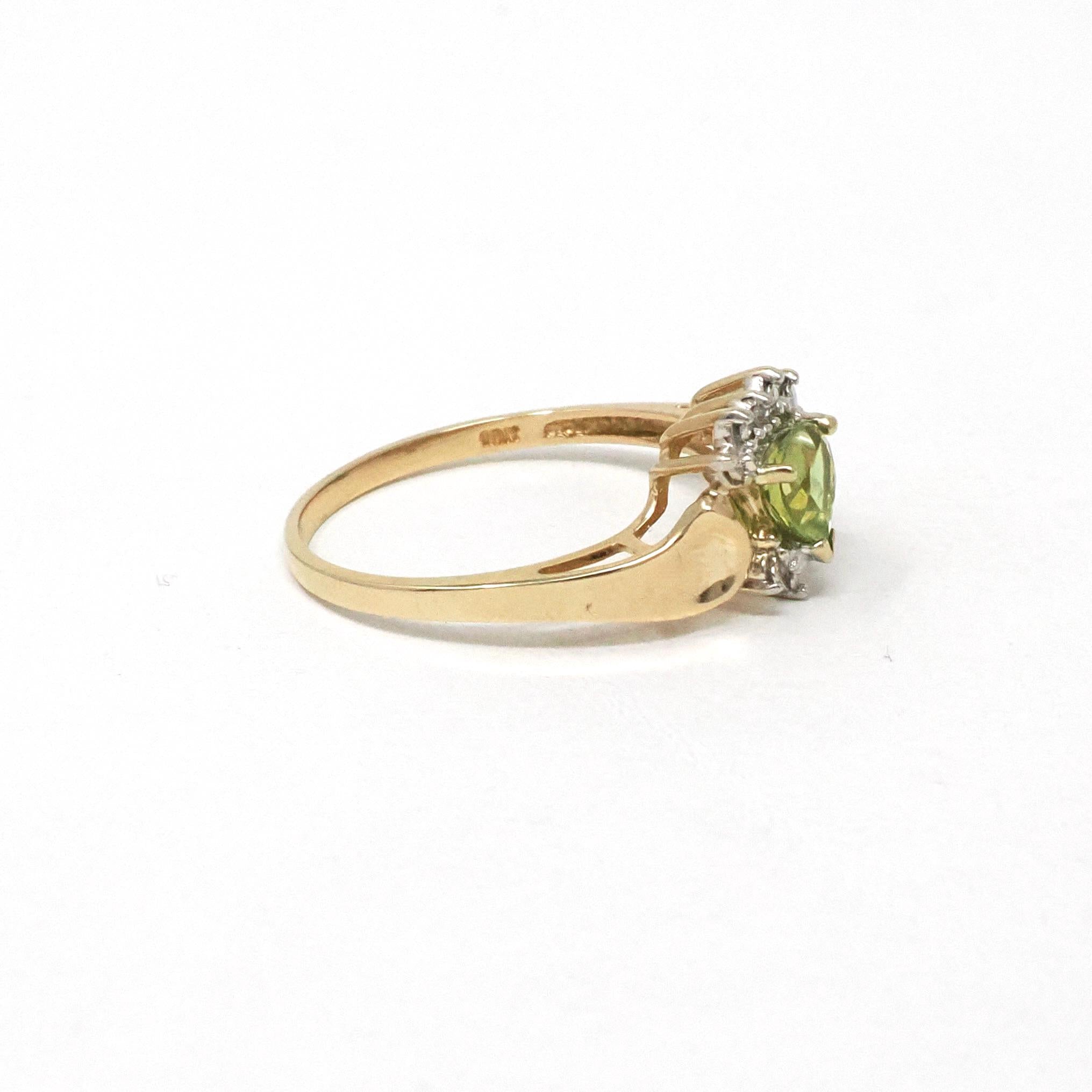 Peridot & Diamond Ring - Modern 10k Yellow And White Gold Light Green Heart Shaped Gemstone - Estate Size 6.5 August Birthstone Fine Jewelry