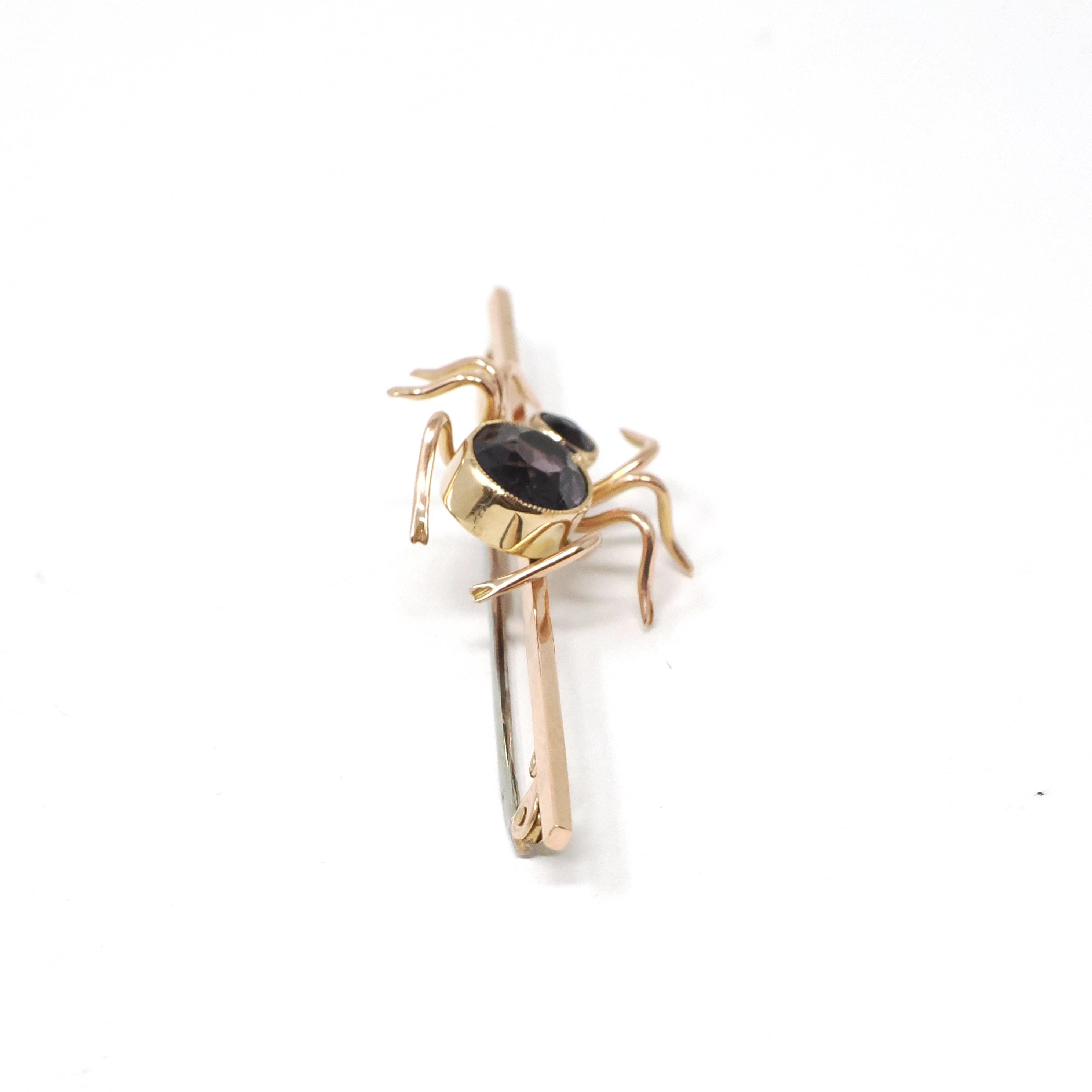 Antique Spider Brooch - Edwardian Era 9k Yellow Gold Simulated Purple Amethyst Glass Stones - Circa 1900s Arachnid Pin Fine Insect Accessory