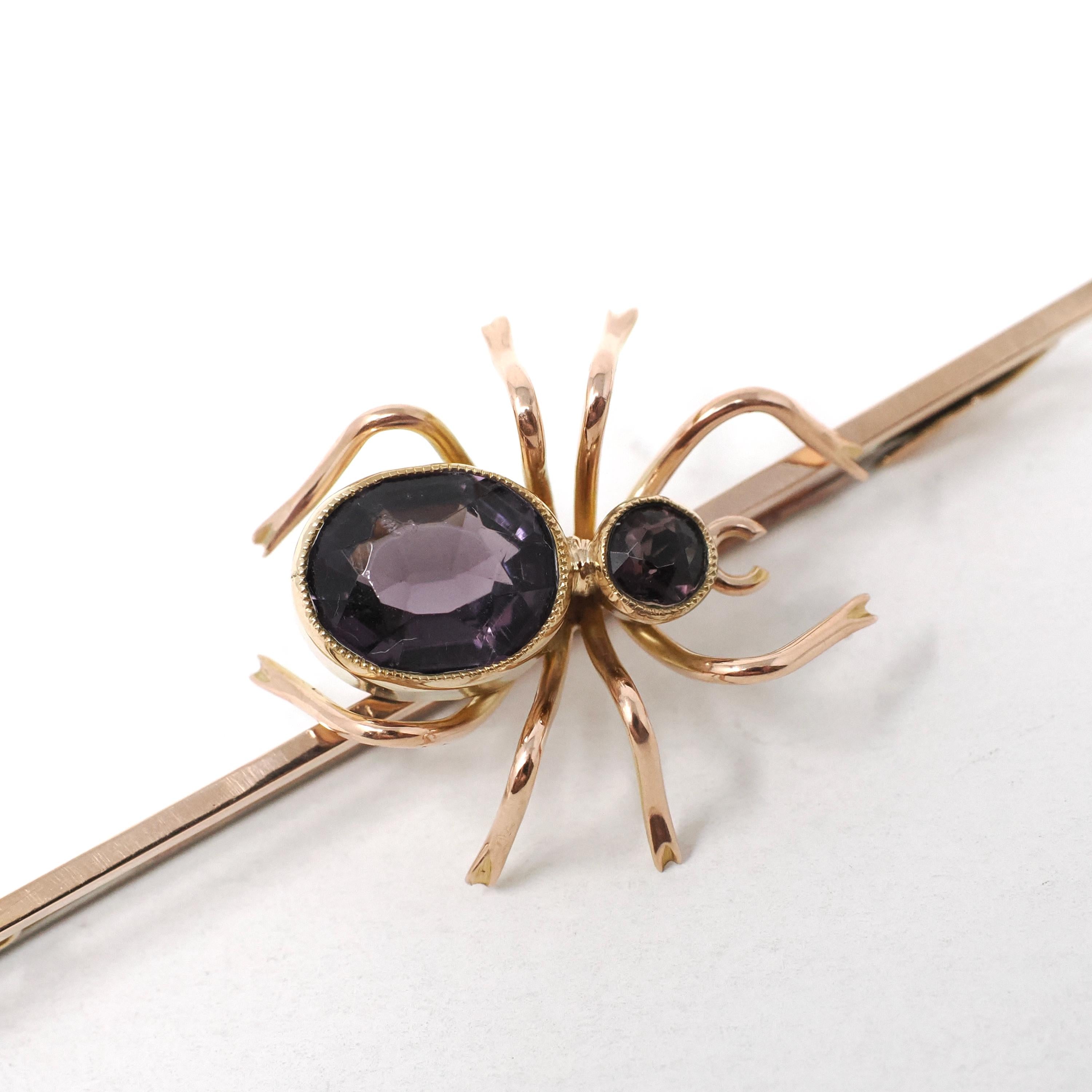 Antique Spider Brooch - Edwardian Era 9k Yellow Gold Simulated Purple Amethyst Glass Stones - Circa 1900s Arachnid Pin Fine Insect Accessory