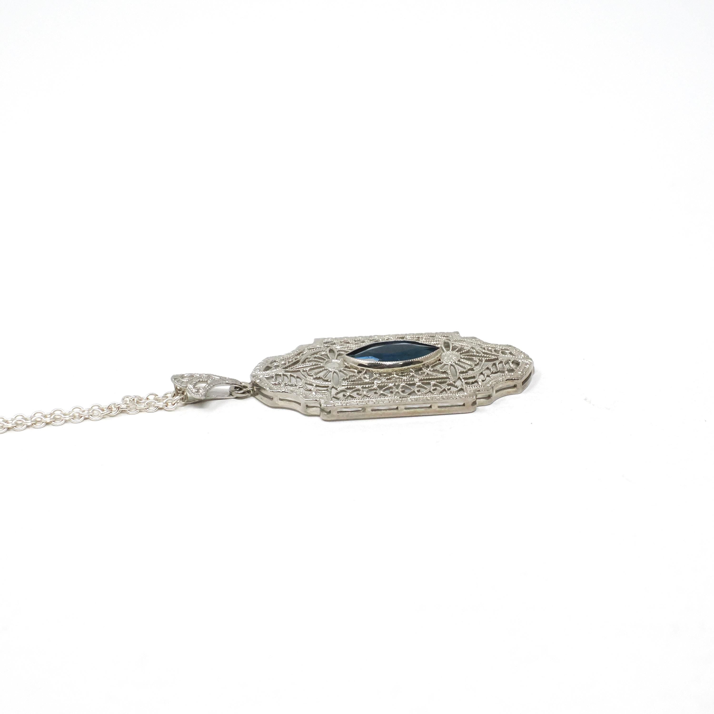 Art Deco Filigree Pendant - Vintage 10k White Gold Marquise Cut Simulated Blue Sapphire Gem - Circa 1930s Era Glass Fine Flapper Jewelry