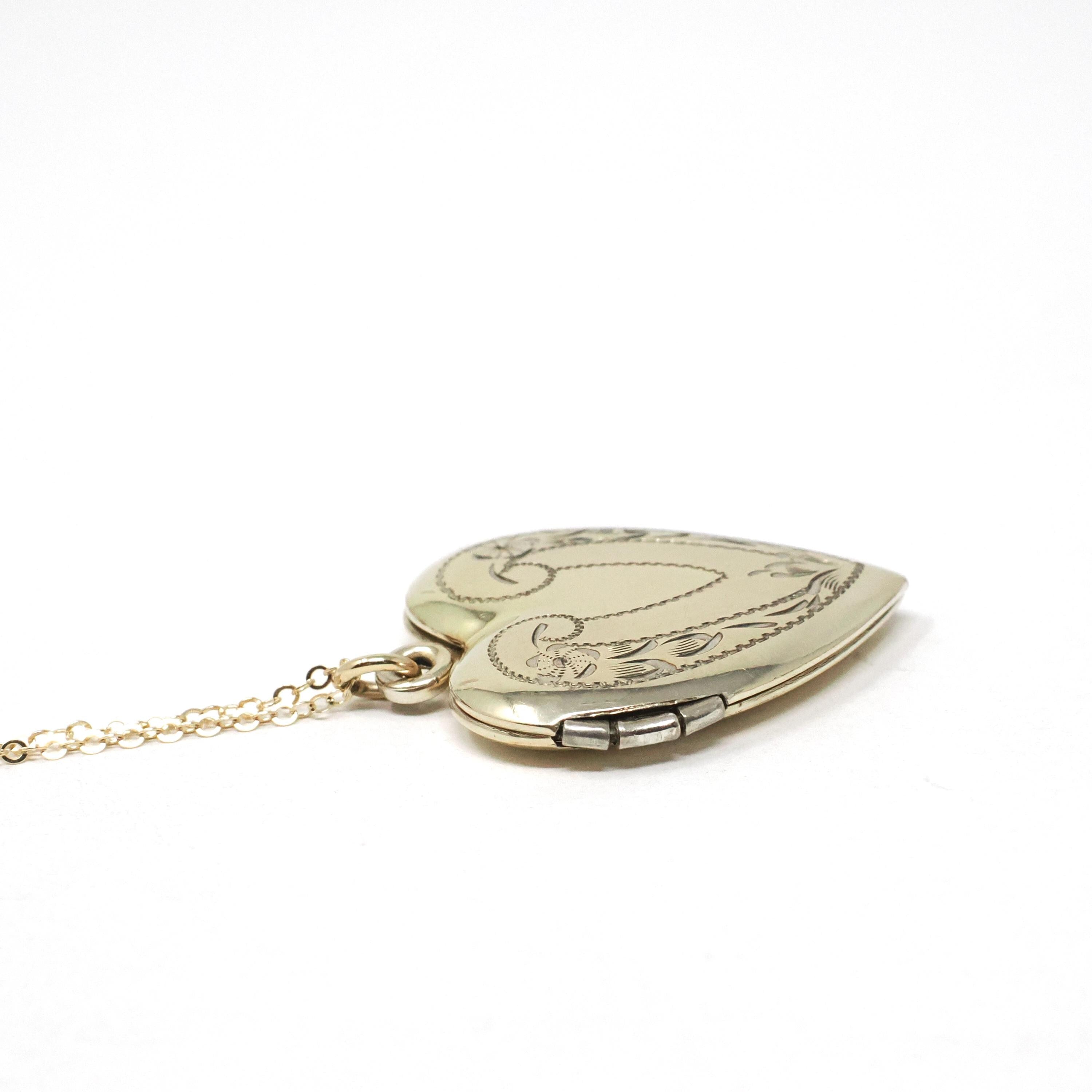 Vintage Heart Locket - Mid Century Gold Filled On Sterling Engraved Flowers Designs Pendant Necklace - Circa 1940s Floral Statement Jewelry