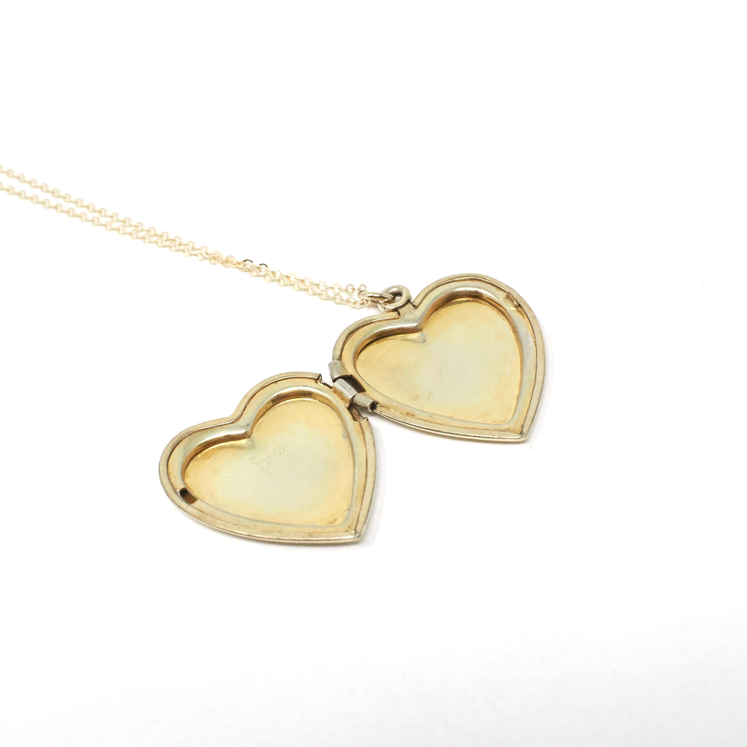 Vintage Heart Locket - Mid Century Gold Filled On Sterling Engraved Flowers Designs Pendant Necklace - Circa 1940s Floral Statement Jewelry
