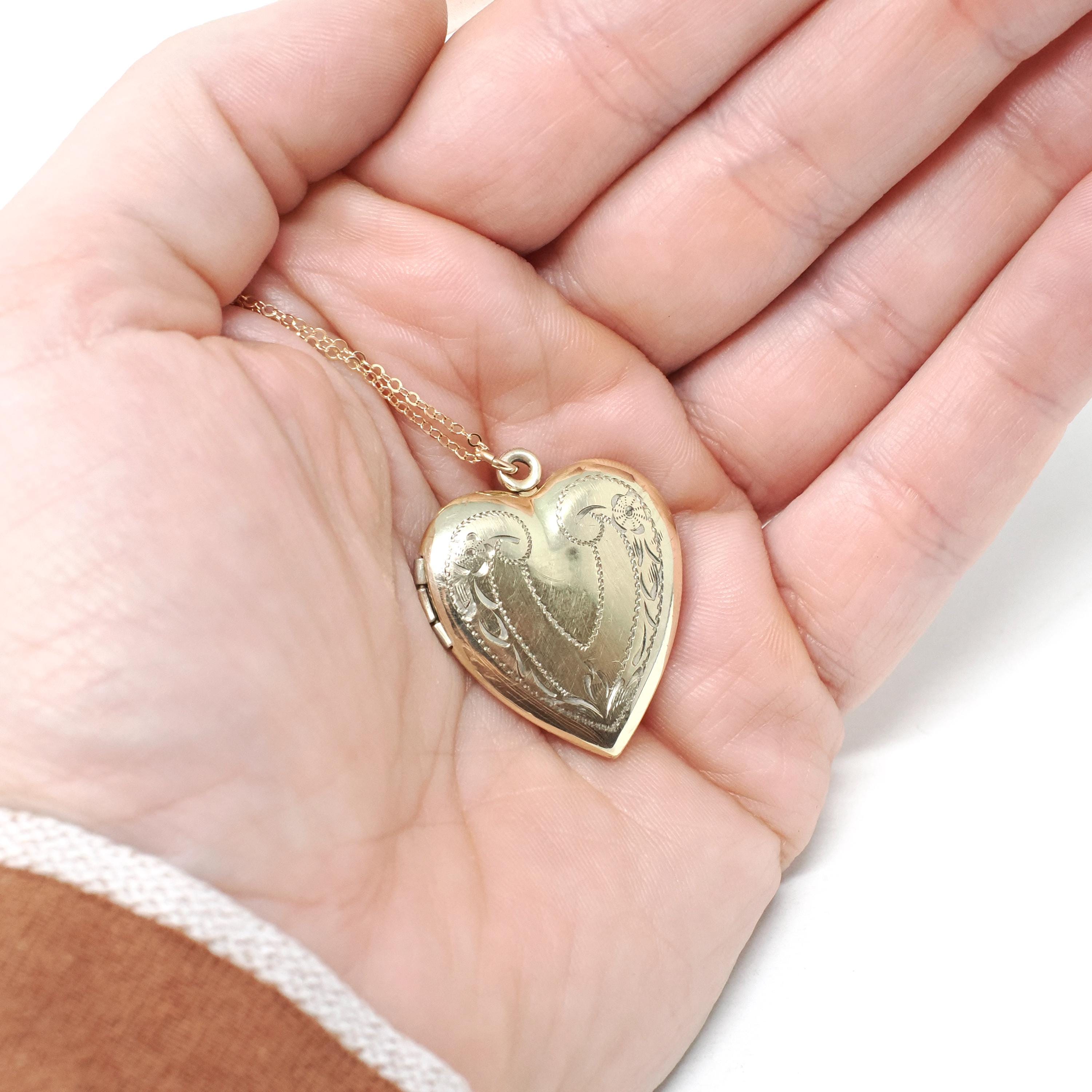 Vintage Heart Locket - Mid Century Gold Filled On Sterling Engraved Flowers Designs Pendant Necklace - Circa 1940s Floral Statement Jewelry