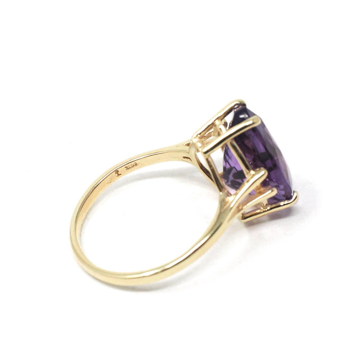 Amethyst Solitaire Ring - Modern 14k Yellow Gold Natural Pear Cut 8.00 CT Gemstone - Circa 2000s Size 9 1/4 February Birthstone Fine Jewelry