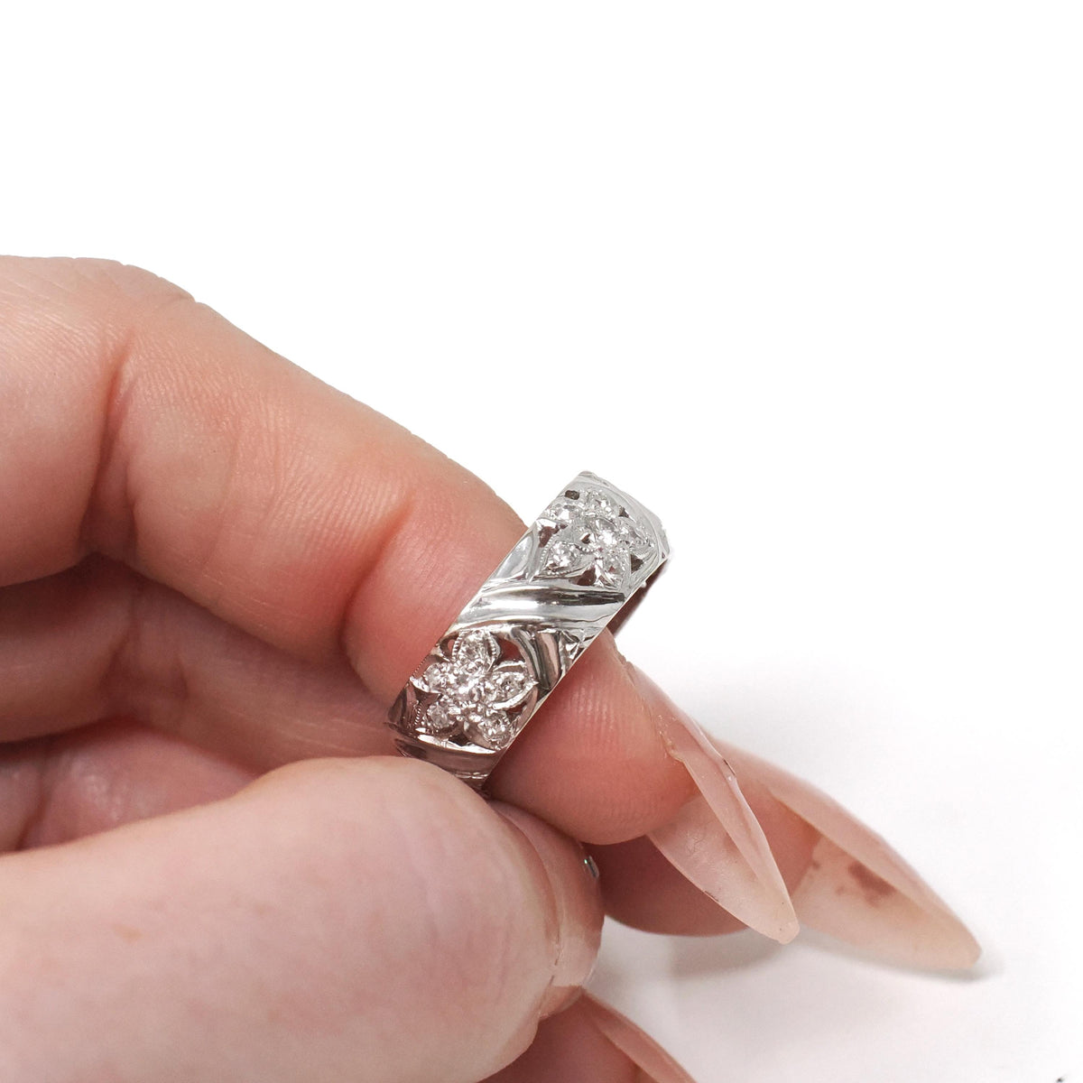 Diamond Cigar Band - Vintage 14k White Gold .53 CTW Wide Pierced Flower Ring - Mid Century Circa 1950s Era Size 6 1/4 Unisex Fine Jewelry