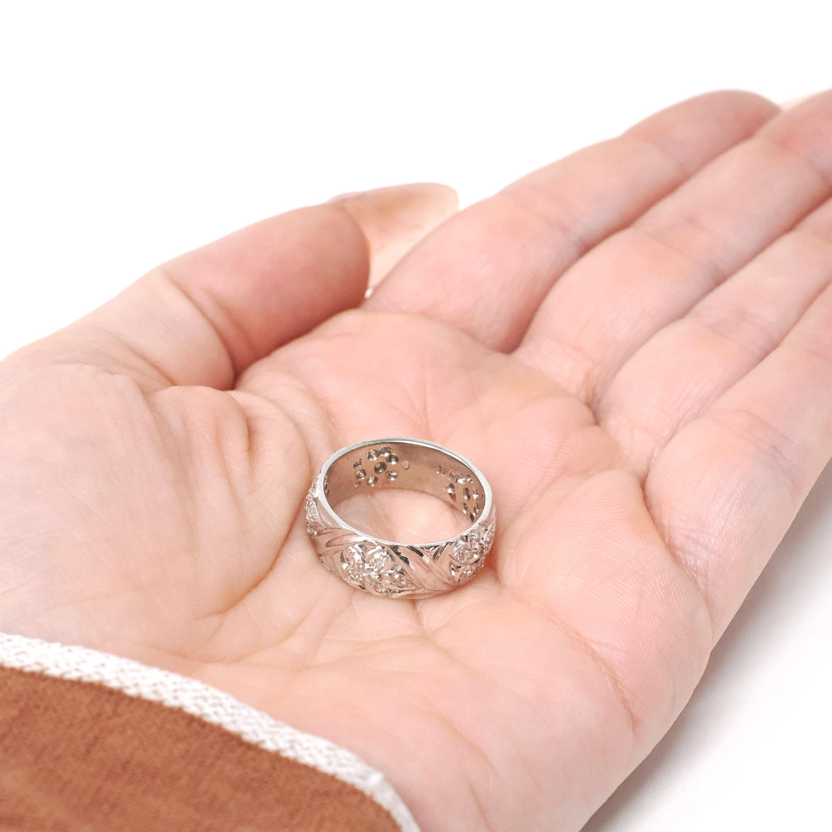 Diamond Cigar Band - Vintage 14k White Gold .53 CTW Wide Pierced Flower Ring - Mid Century Circa 1950s Era Size 6 1/4 Unisex Fine Jewelry