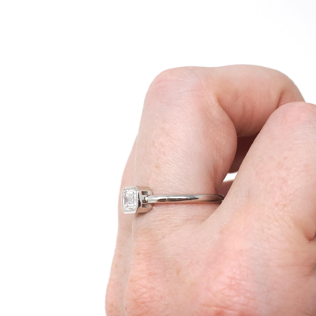 Emerald Cut Diamond Engagement Ring - Platinum Bezel East West Modern Setting - Minimalist Recycled Vintage Diamond GIA Report Fine Jewelry