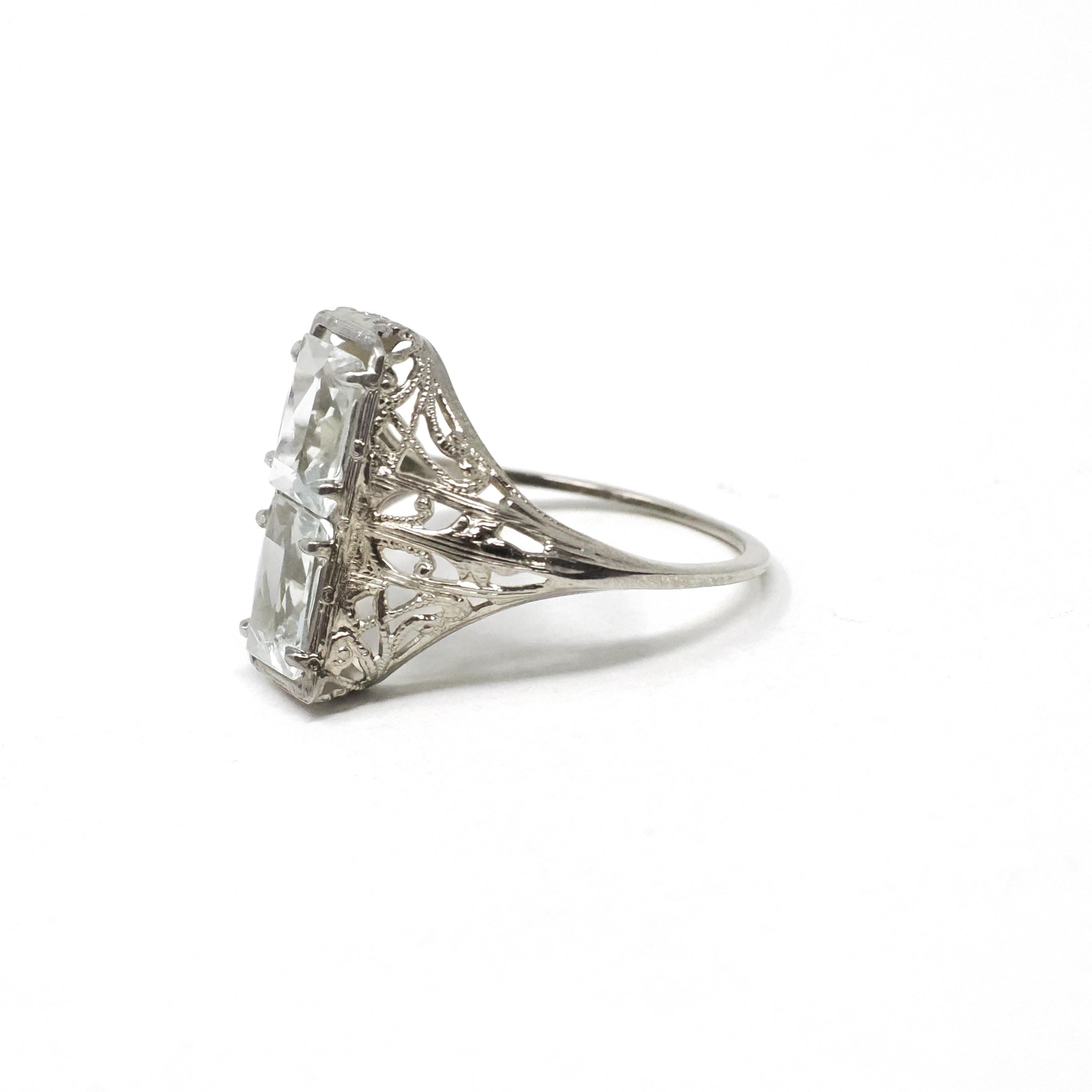 Vintage Aquamarine Ring - Art Deco 14k White Gold Natural Blue Hourglass Stacked Gemstones - Circa 1930s Era Size 6.5 Filigree Fine Jewelry
