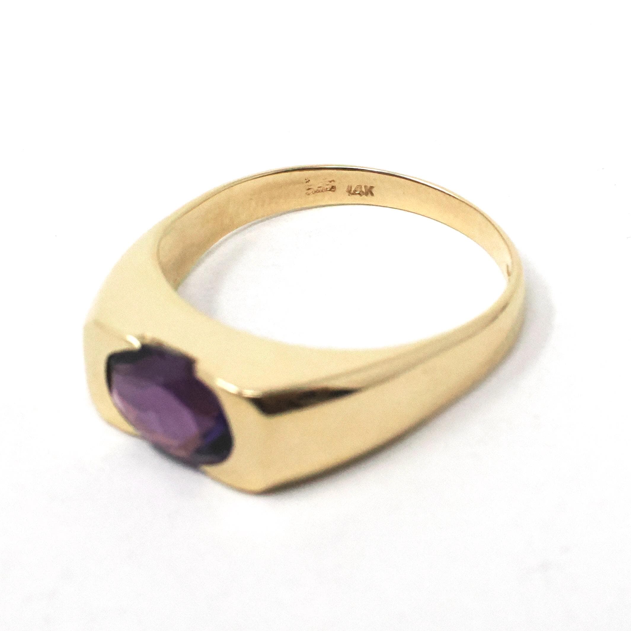 Modern Amethyst Ring - Estate 14k Yellow Gold Natural Purple Gemstone East West Half Bezel - 2000s Era Size 7.75 February Birthstone Jewelry