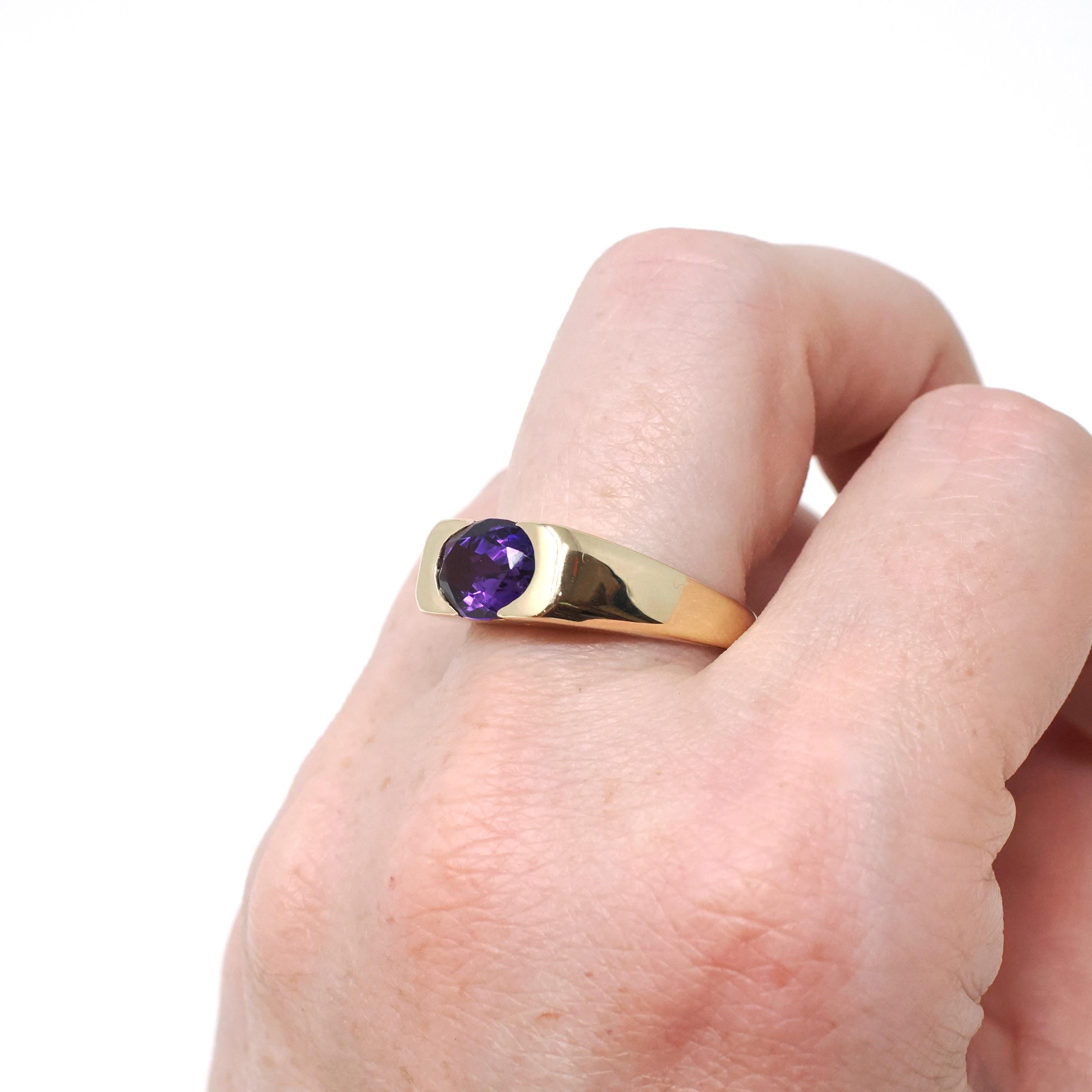 Modern Amethyst Ring - Estate 14k Yellow Gold Natural Purple Gemstone East West Half Bezel - 2000s Era Size 7.75 February Birthstone Jewelry