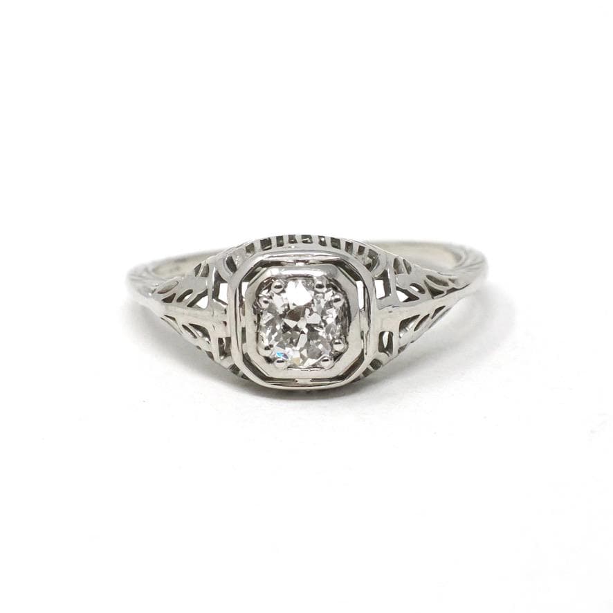 Antique Diamond Ring - Art Deco 18k White Gold .40 CT Natural Diamond Engagement Solitaire - Circa 1920s Size 6 1/2 Filigree Fine Jewelry