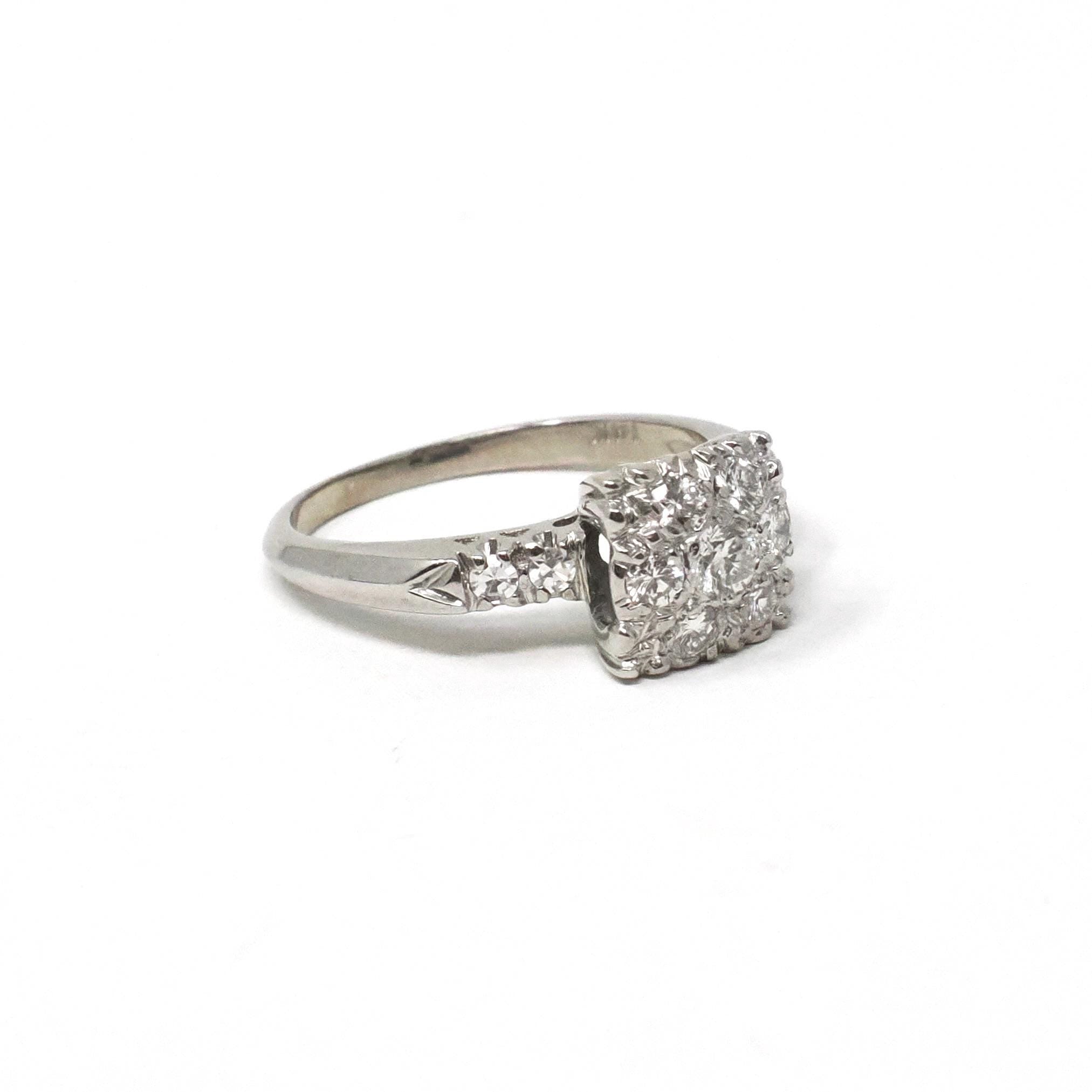 Diamond Cluster Ring - Mid Century 14k White Gold 1/2 CTW Natural Gemstones - Vintage Circa 1950s Era Size 5 3/4 Cocktail Fine Halo Jewelry