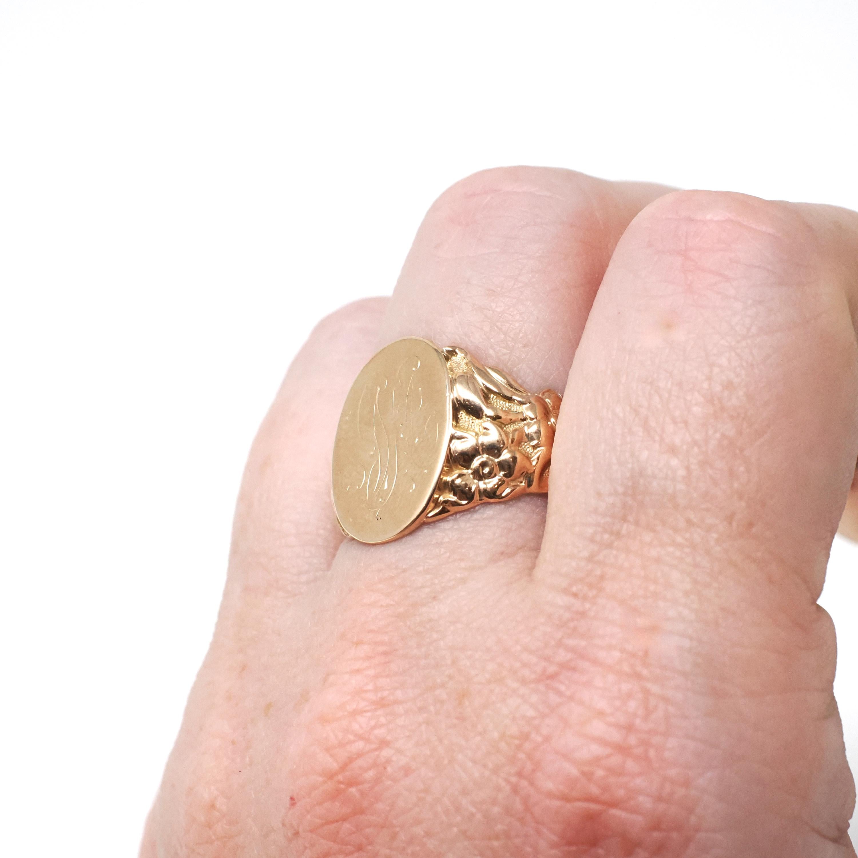 Edwardian Signet Ring - Antique 10k Rosy Yellow Gold Script Initial M Engraved Monogram - Art Nouveau 1910's Era Size 12 Fine Scroll Jewelry