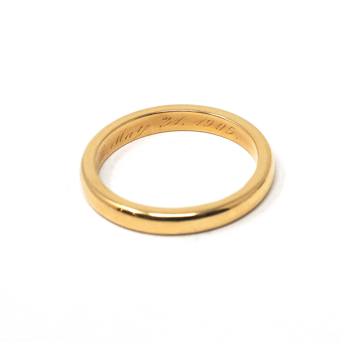 Edwardian Era Ring - Antique 22k Yellow Gold Unadorned 2.6MM Wedding Band - Dated May-31-1905 Size 6 Half Round Engraved Fine Bridal Jewelry