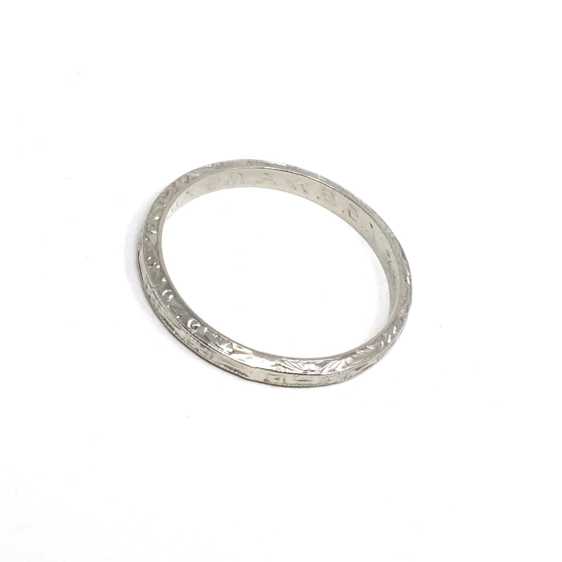 Vintage Wedding Band - Art Deco Era Platinum Engraved Flower Milgrain 2.1 MM Eternity Ring - Dated 1937 Size 4.75 Bridal Floral Fine Jewelry