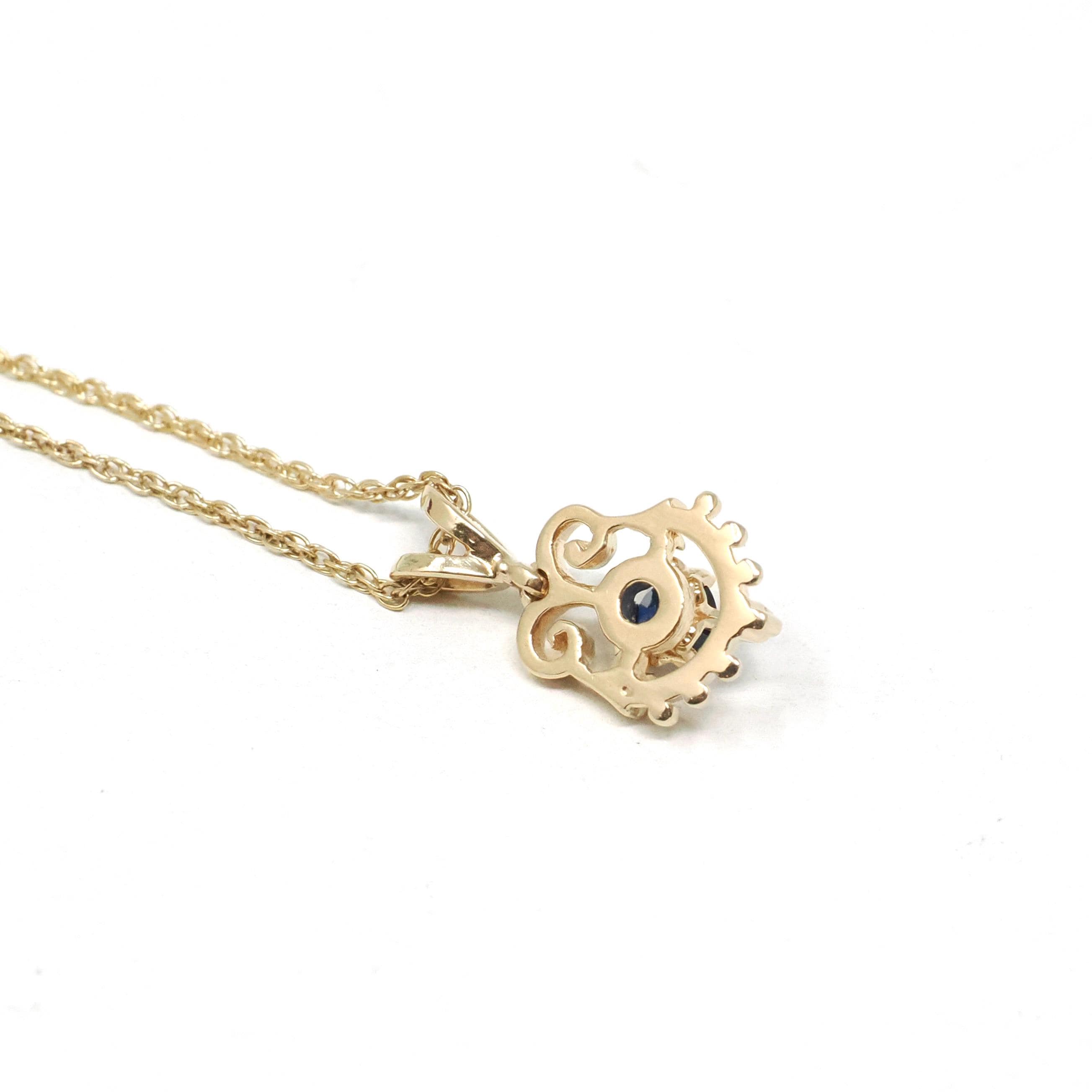 Modern Sapphire Charm - Estate 14k Yellow Gold Natural Blue Gemstone Pendant Necklace - Circa 2000s Era Dainty Open Metal Gem Fine Jewelry