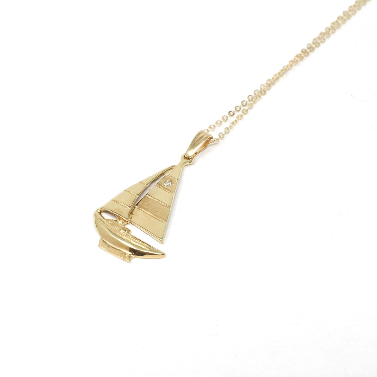 Diamond Sailboat Pendant - Estate 14k Yellow Gold Natural Gemstone Necklace Charm - Modern 2000's Era Sailing Boating Nautical Fine Jewelry