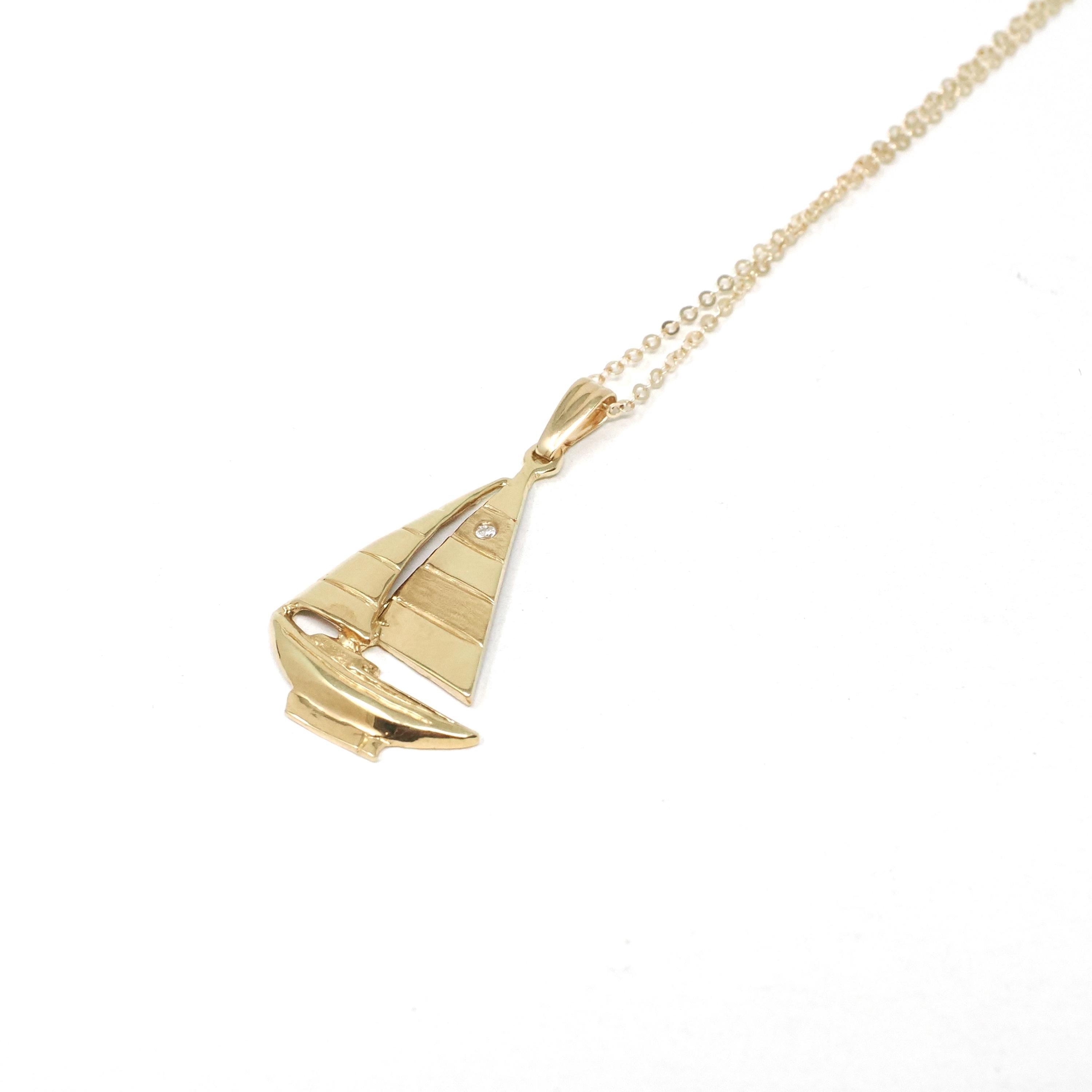 Diamond Sailboat Pendant - Estate 14k Yellow Gold Natural Gemstone Necklace Charm - Modern 2000's Era Sailing Boating Nautical Fine Jewelry