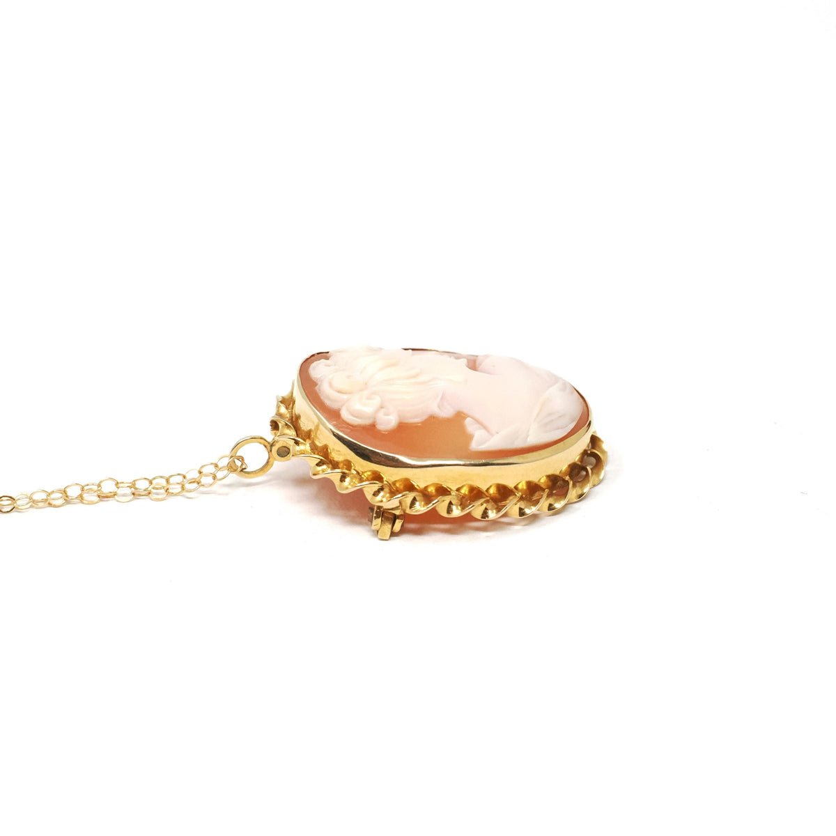 Vintage Cameo Necklace - Mid Century 14k Yellow Gold Carved Shell Woman's Profile Pendant Charm - Circa 1960s Era Statement Fine 60s Jewelry