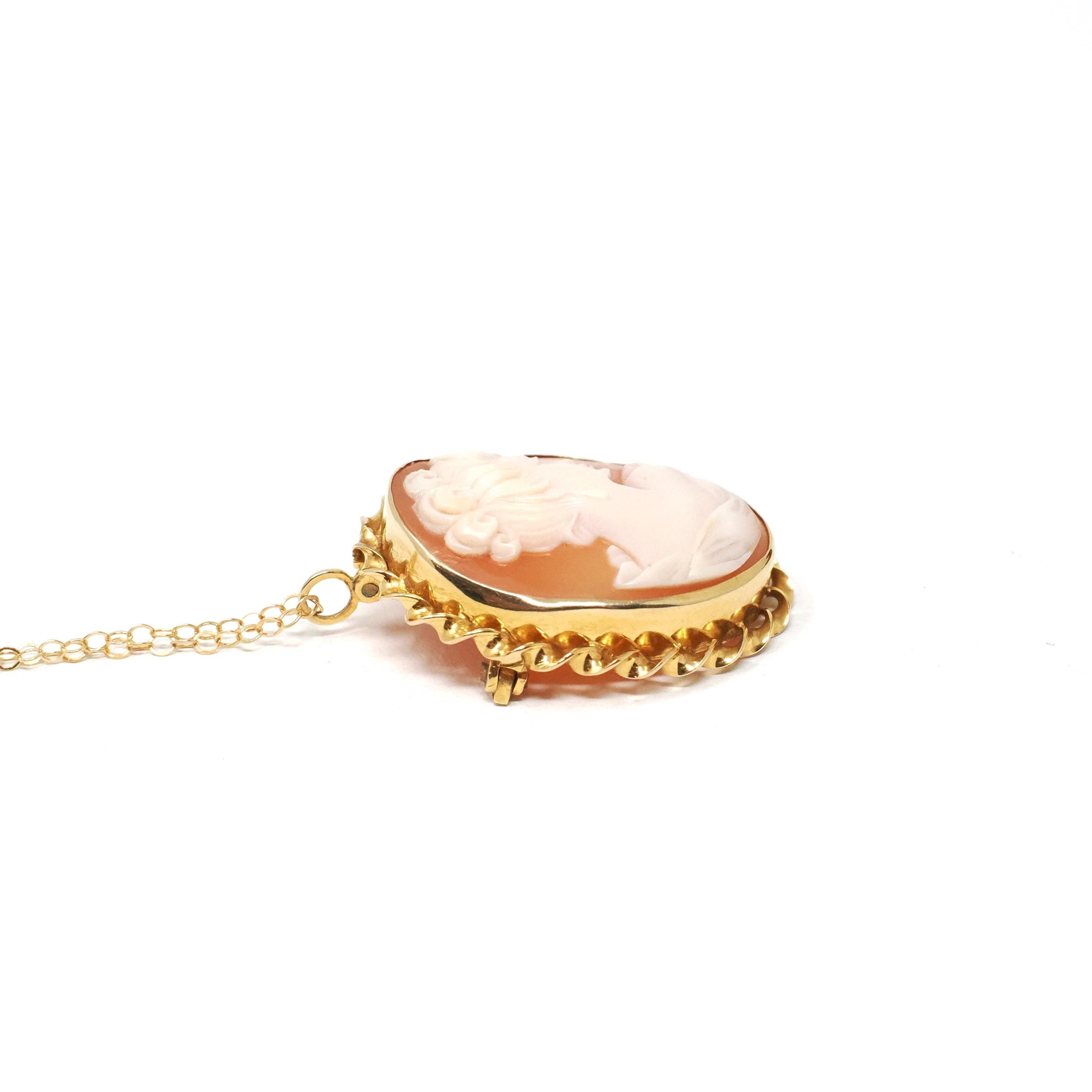 Vintage Cameo Necklace - Mid Century 14k Yellow Gold Carved Shell Woman's Profile Pendant Charm - Circa 1960s Era Statement Fine 60s Jewelry