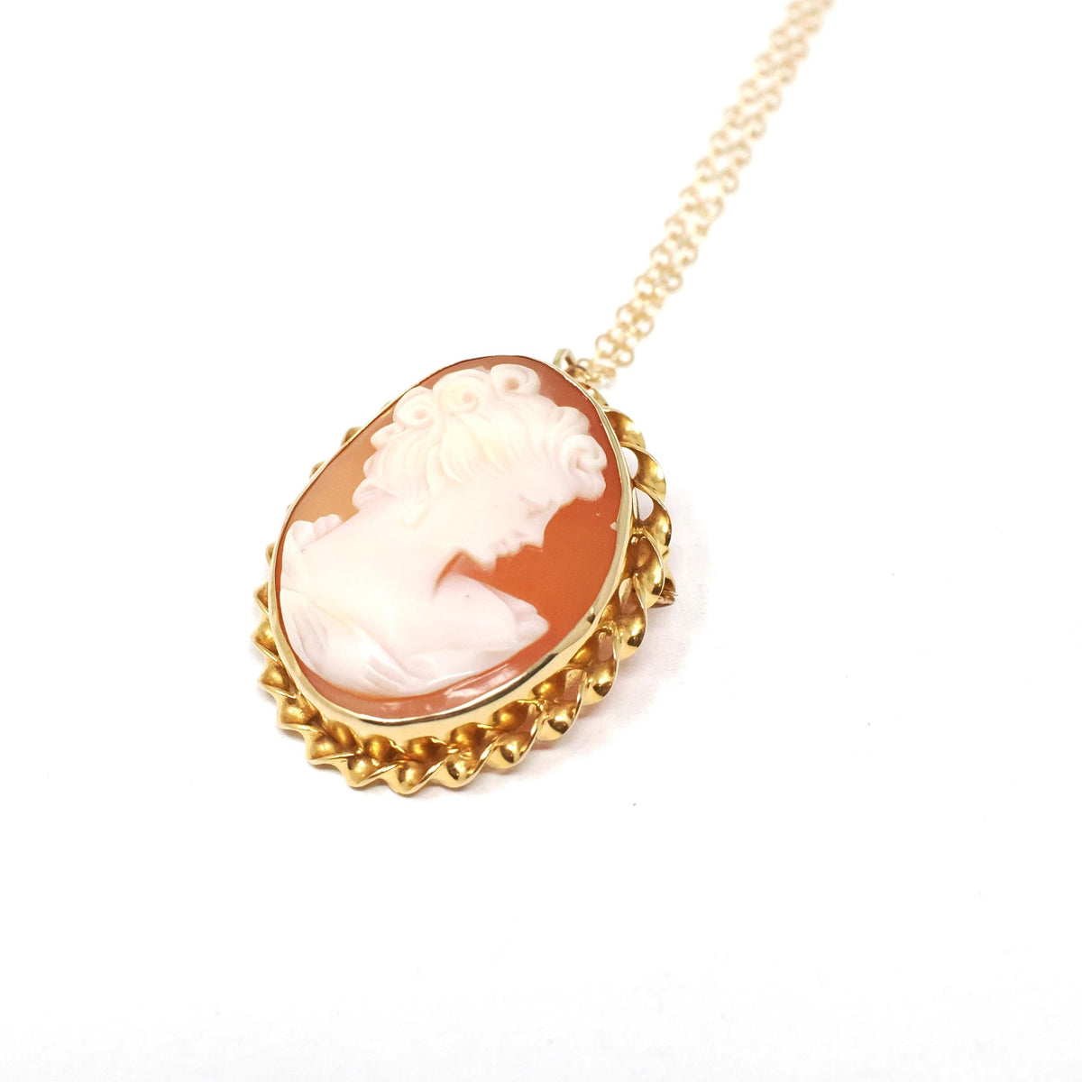 Vintage Cameo Necklace - Mid Century 14k Yellow Gold Carved Shell Woman's Profile Pendant Charm - Circa 1960s Era Statement Fine 60s Jewelry