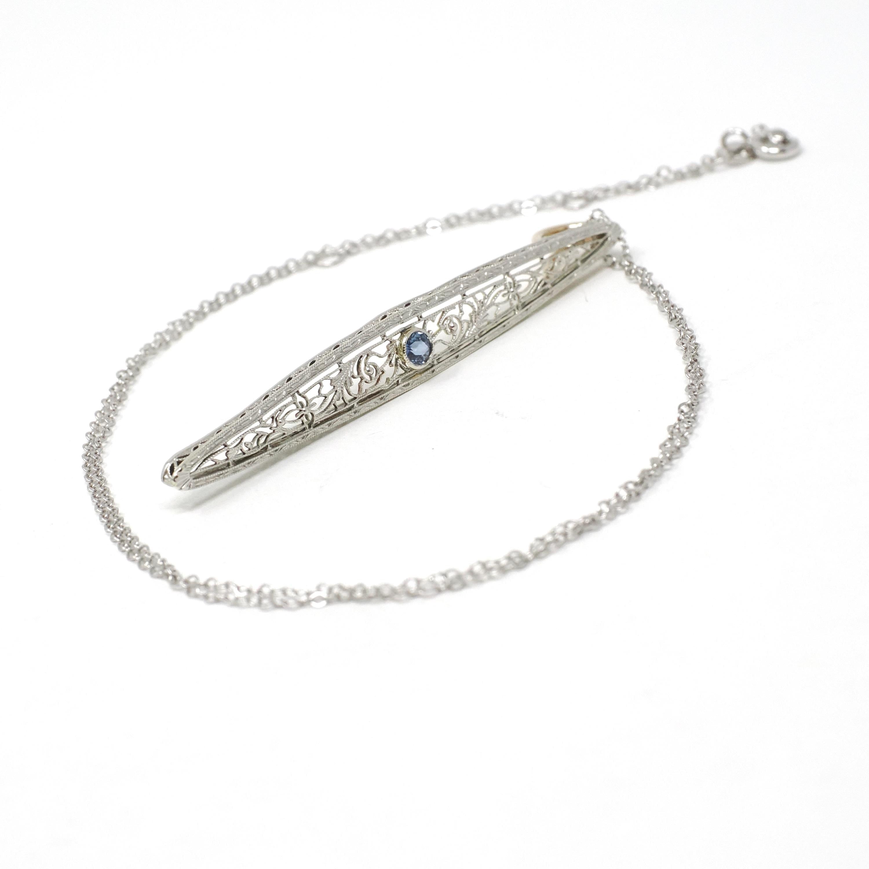 Antique Sapphire Pendant - Edwardian Platinum 14k Yellow Gold Natural Sapphire Filigree Brooch Conversion - Vintage Circa 1910s Fine Jewelry