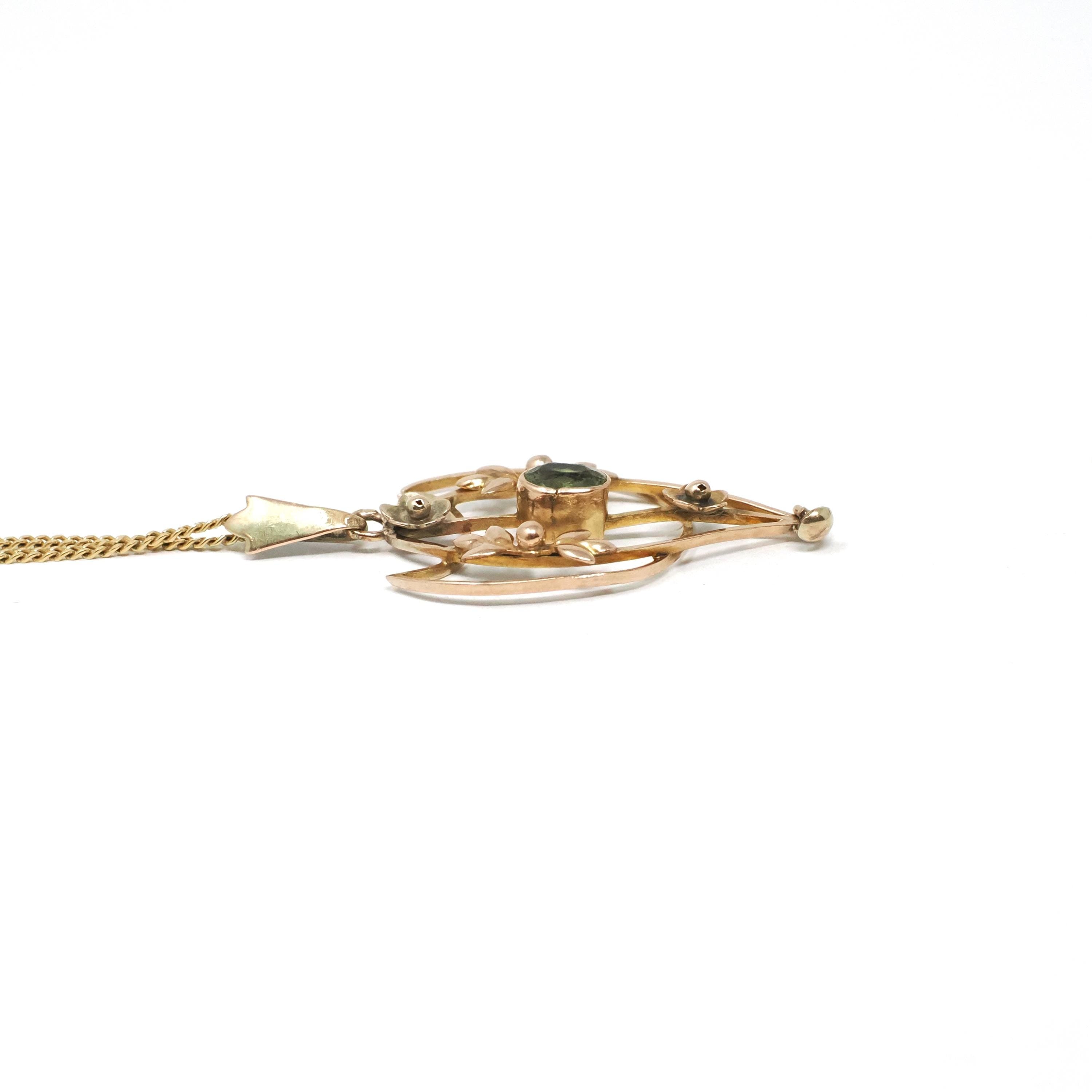 Antique Peridot Lavalier - Edwardian Era 9k Yellow Gold Natural Green Gemstone Pendant Necklace - Circa 1900s Leaf Flower Charm Fine Jewelry