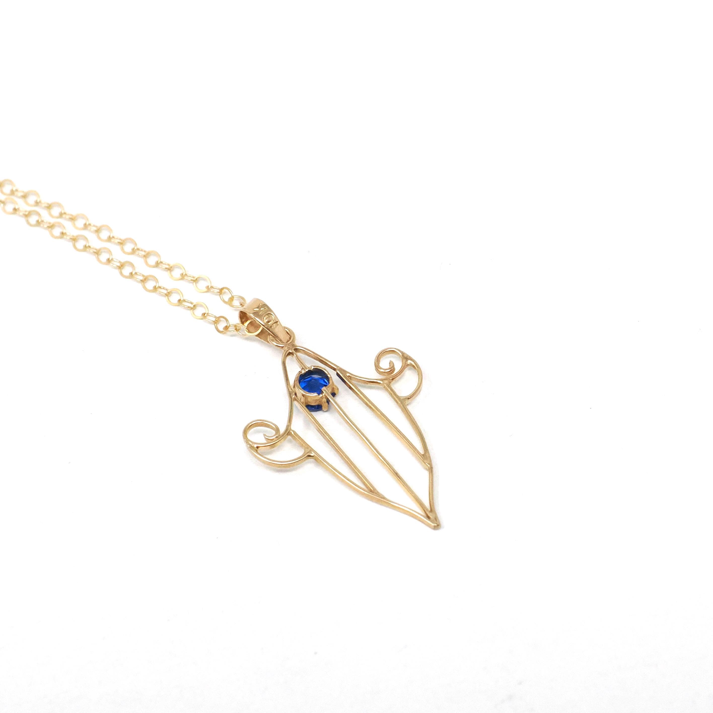 Antique Lavalier Necklace - Edwardian 10k Yellow Gold Blue Glass Stone Pendant - Circa 1910s Era Simulated Sapphire Fine Statement Jewelry