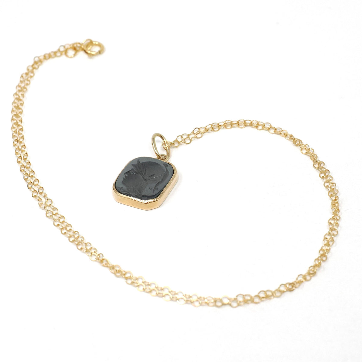 Intaglio Conversion Pendant - Modern 14k Yellow Gold Bezel Charm Carved Natural Hematite Gem Necklace - Circa 2000s Era Warrior Fob Jewelry