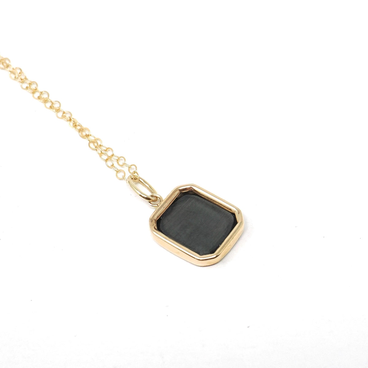 Intaglio Conversion Pendant - Modern 14k Yellow Gold Bezel Charm Carved Natural Hematite Gem Necklace - Circa 2000s Era Warrior Fob Jewelry