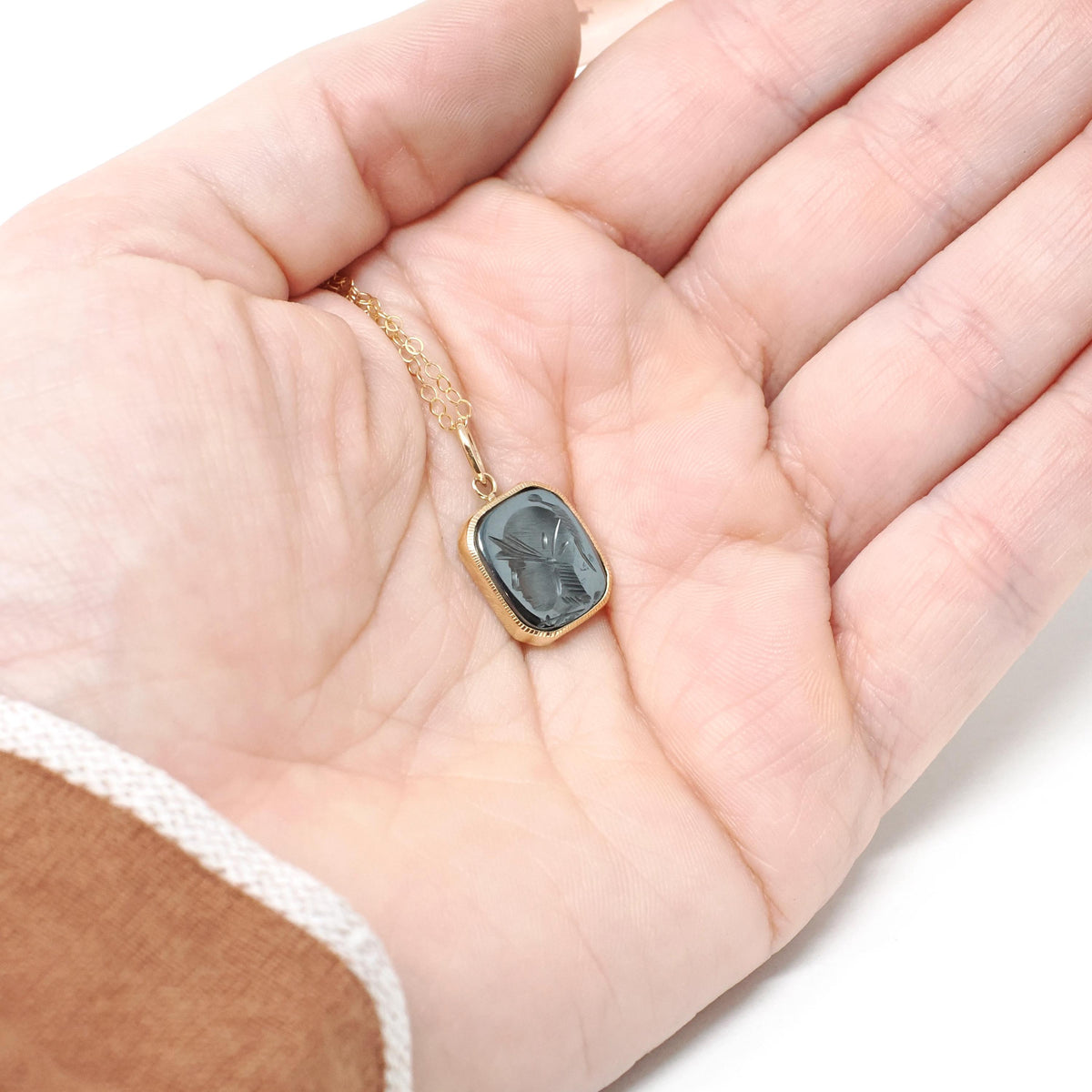 Intaglio Conversion Pendant - Modern 14k Yellow Gold Bezel Charm Carved Natural Hematite Gem Necklace - Circa 2000s Era Warrior Fob Jewelry