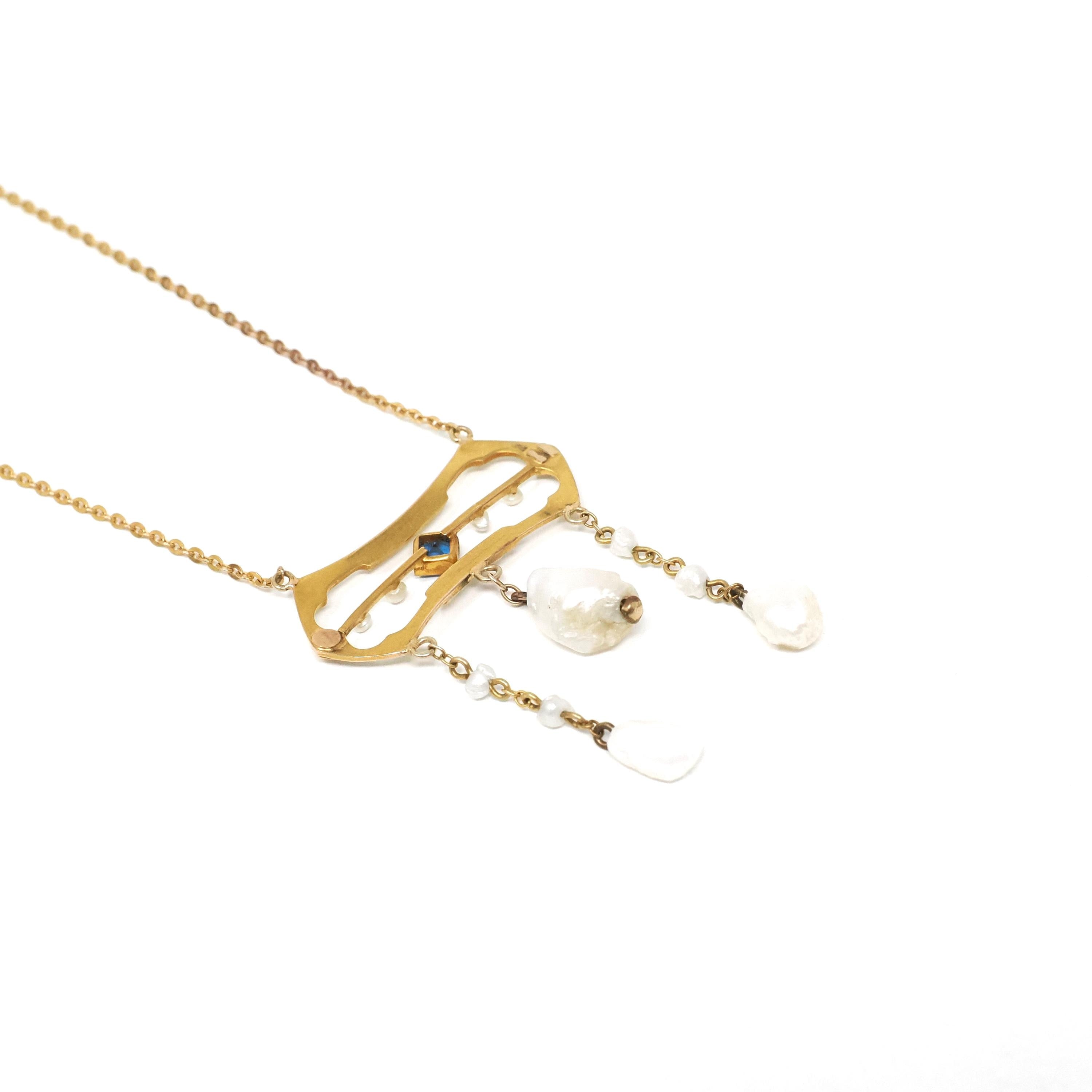 Antique Lavalier Necklace - Edwardian 10k Yellow Gold Baroque Pearl Pendant - Circa 1910s Era Simulated Blue Sapphire Glass Fine Jewelry