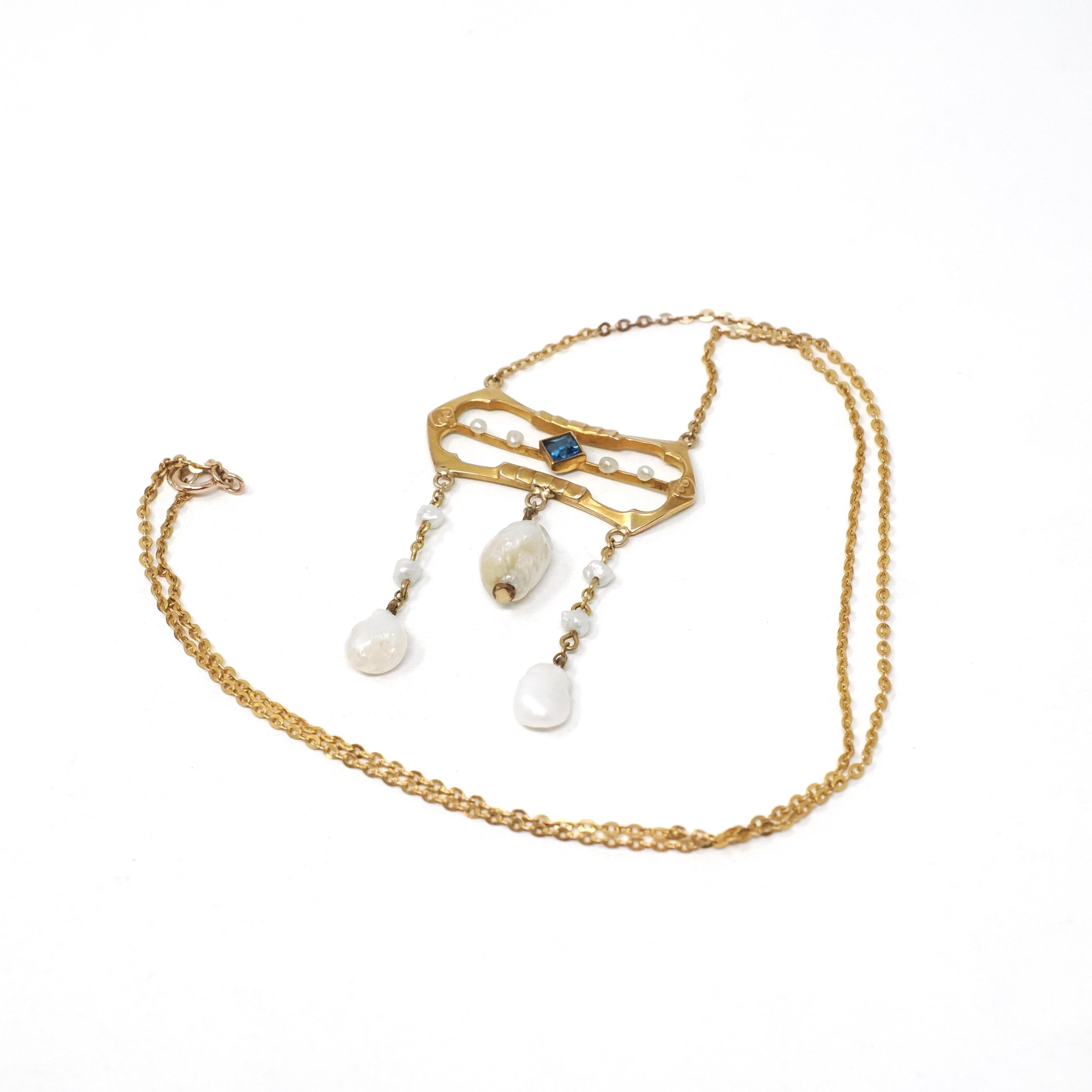 Antique Lavalier Necklace - Edwardian 10k Yellow Gold Baroque Pearl Pendant - Circa 1910s Era Simulated Blue Sapphire Glass Fine Jewelry