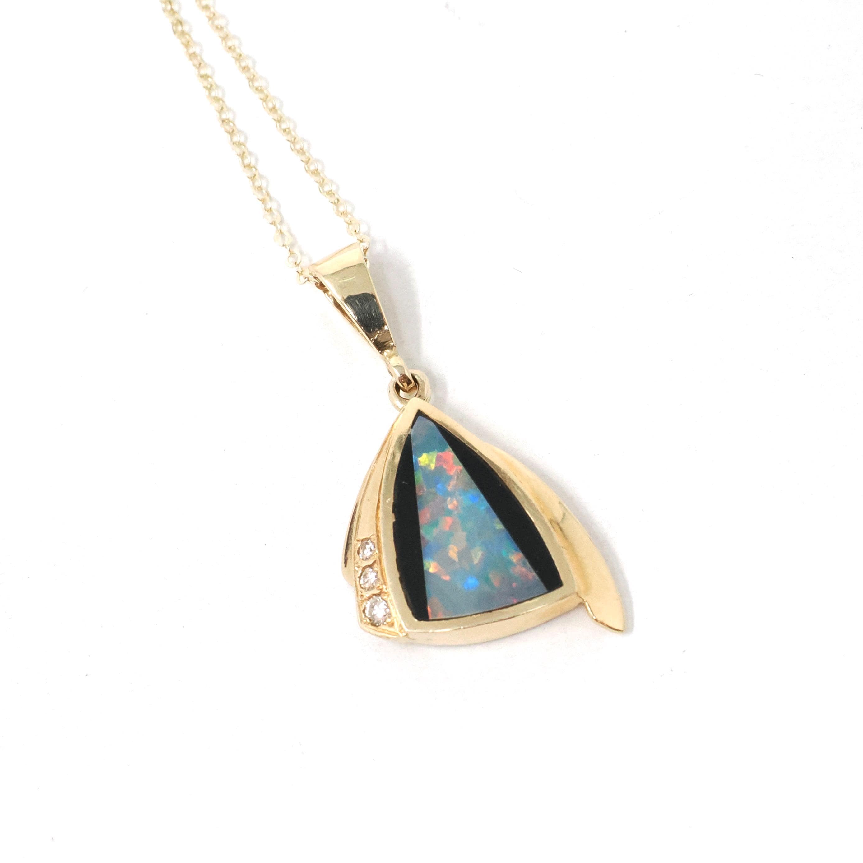 Opal Doublet Pendant Necklace - Modern 14k Yellow Gold Play Of Color Gem Onyx Inlay Diamond Accents - Circa 2000s Era Modernist Fine Jewelry